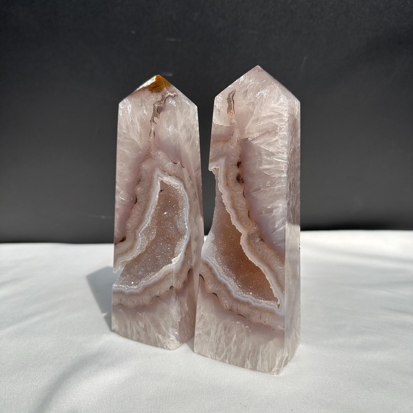 Natural Agate Geode Tower Pair, Brazilian Crystal Obelisk Set with Druzy Cave, Polished Quartz Wand Decor Exact Specimen 2.2lb
