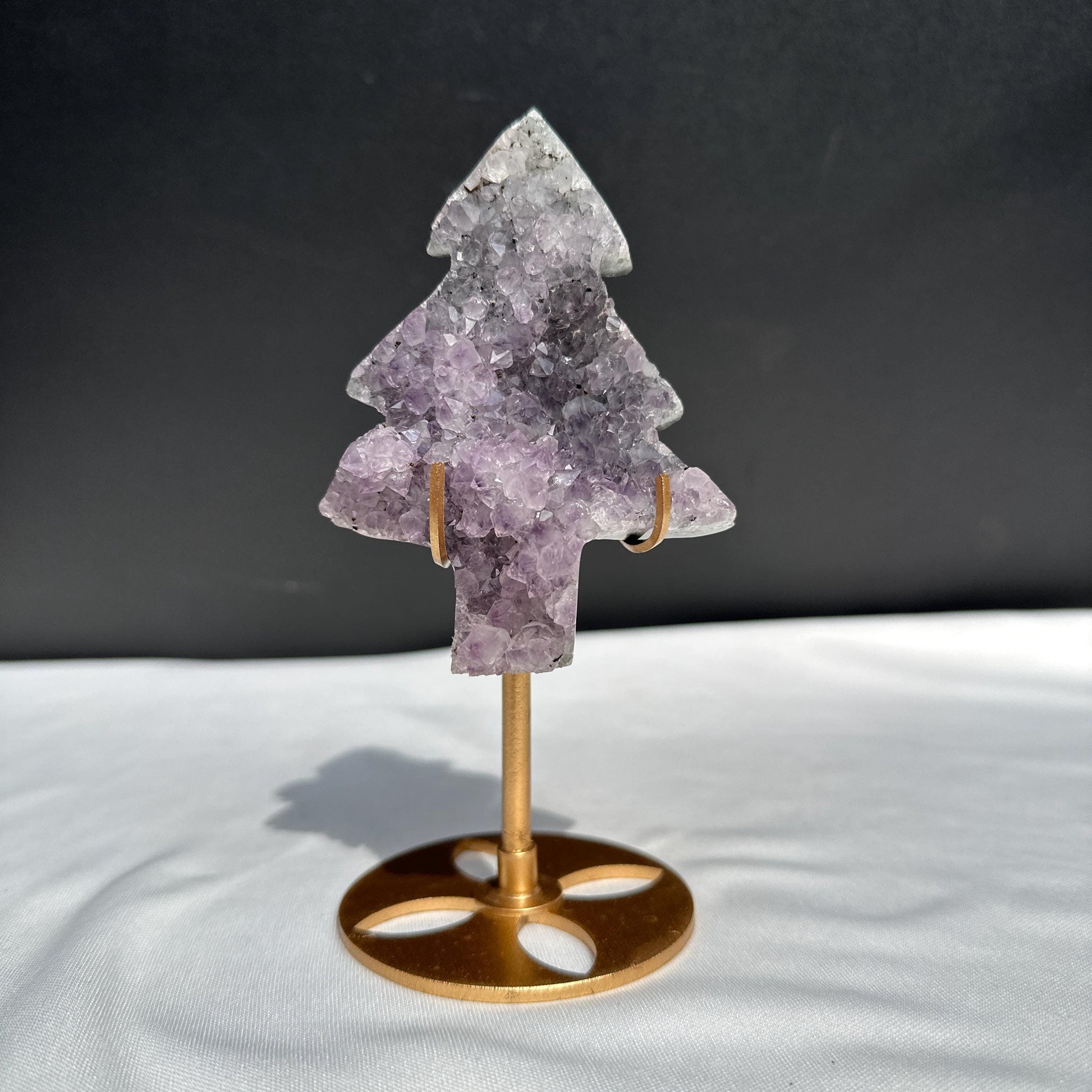 Amethyst Christmas Tree on Custom Metal Stand, Hand Cut Purple Crystal Pine Tree, Holiday Geode Ornament Decor Exact Specimen 0.44lb - view 1