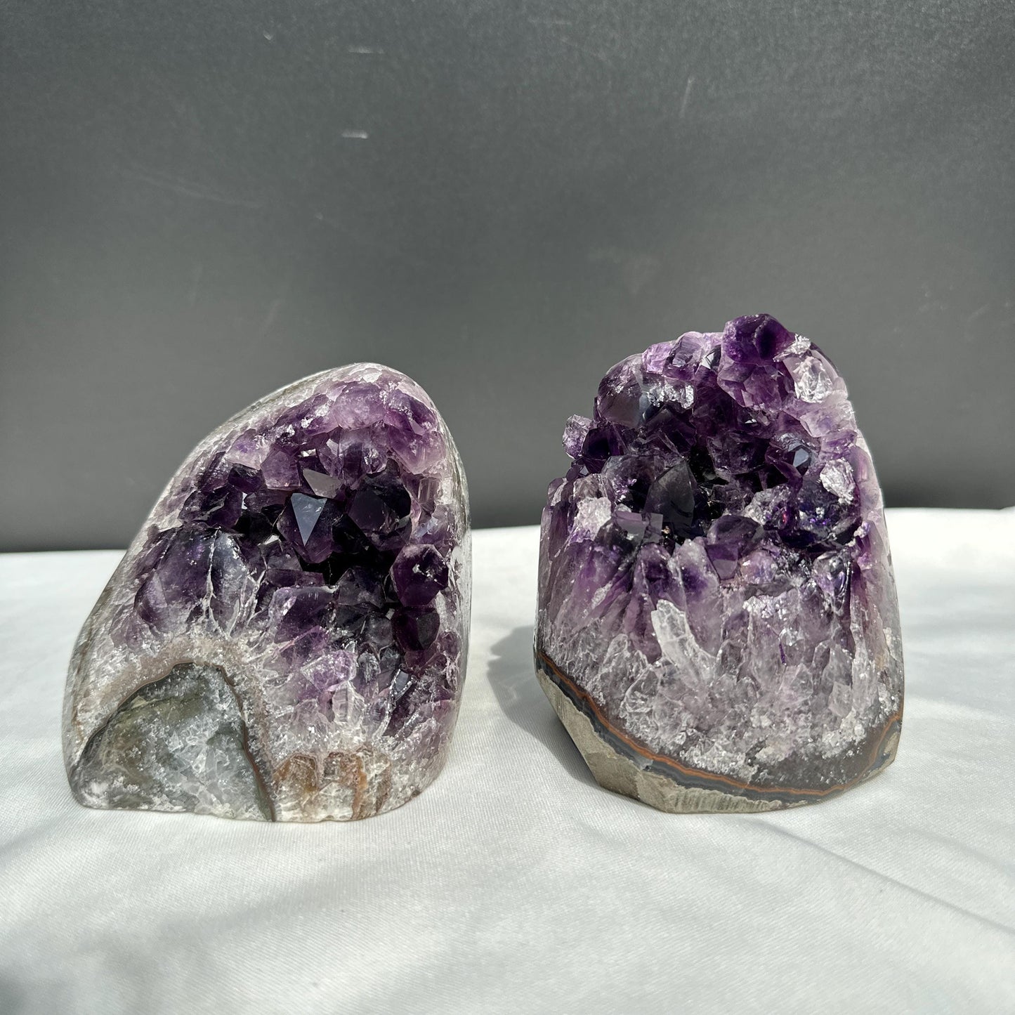 Deep Purple Uruguayan Amethyst Geode Pair, Large Point Crystal Cluster Set, Polished Natural Mineral Specimen Decor Exact 4.63lb