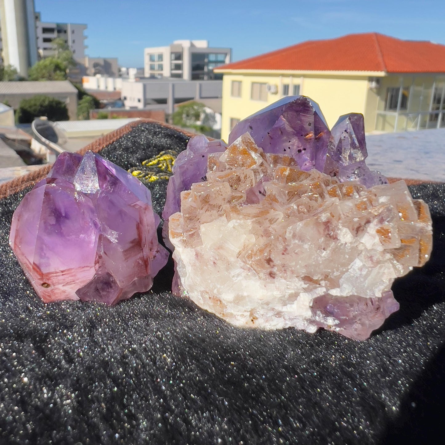 Set of 2 Red Rutilated Amethyst & Sparkly Yellow Calcite, Rare Raw Purple Crystal Symbiosis, Exact Brazil Mineral Specimen 196g - view 1