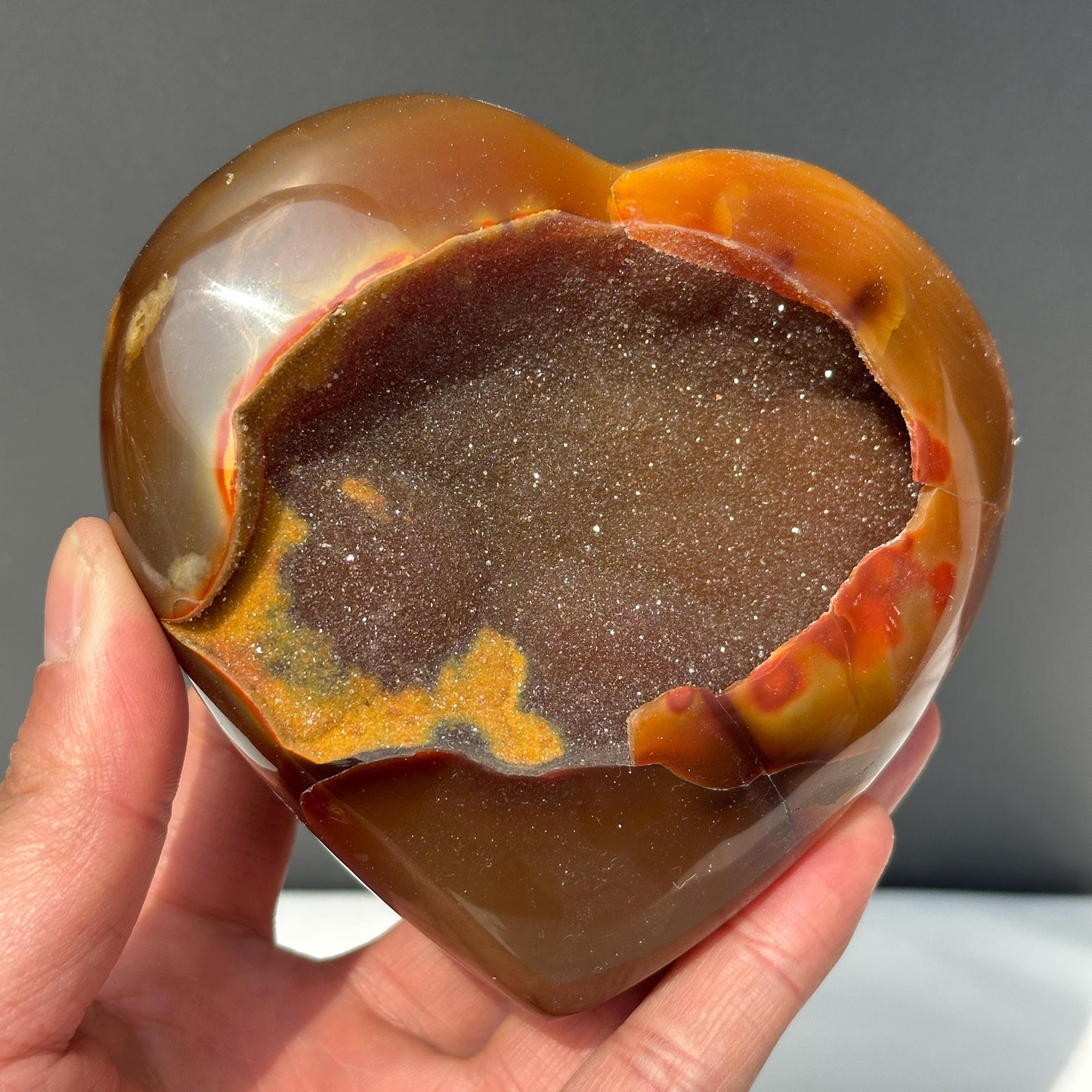Large Red Agate Heart with Huge Druzy Cave, Polished Brazilian Crystal Geode on Free Stand, Natural Mineral Decor Exact Specimen 1.21lb