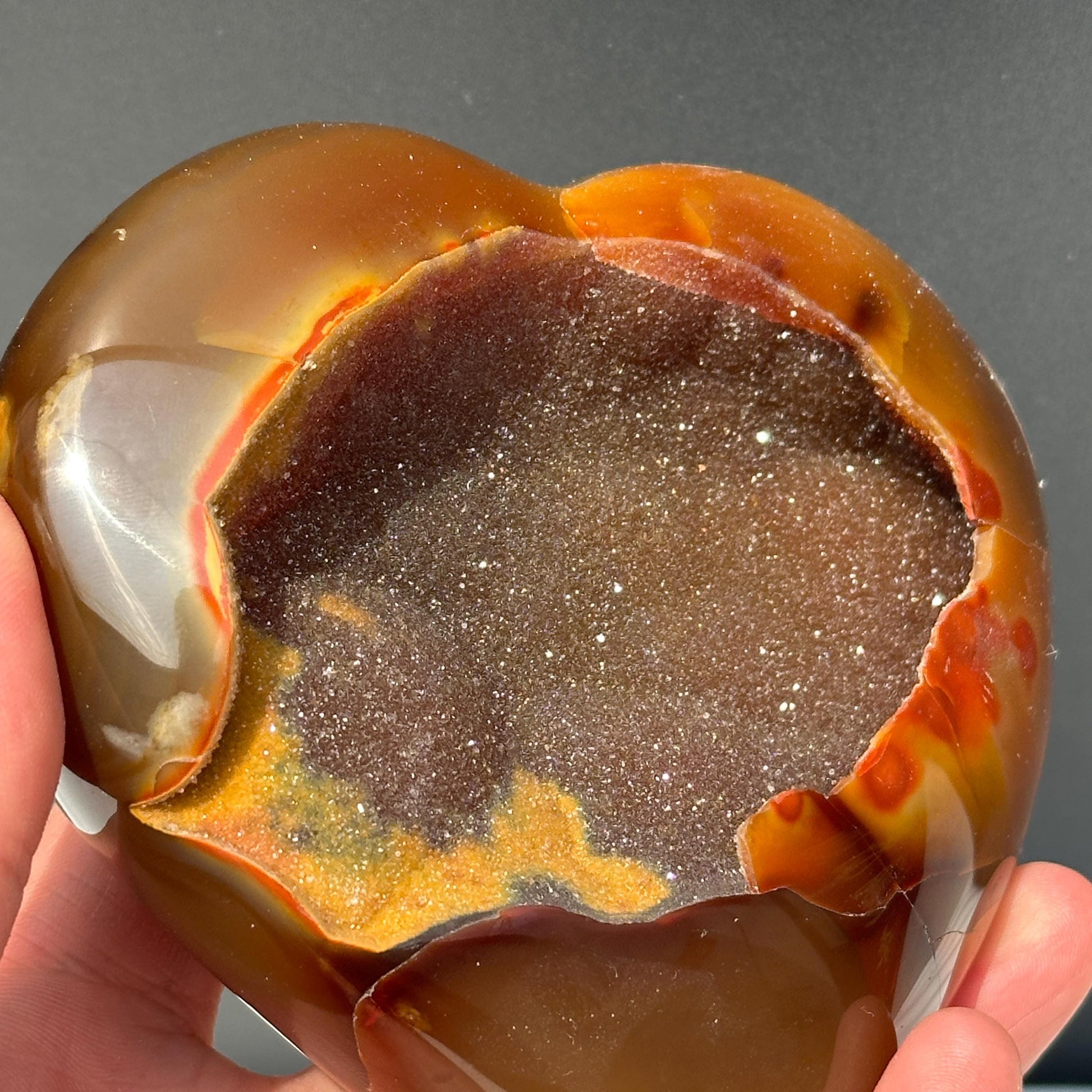 Large Red Agate Heart with Huge Druzy Cave, Polished Brazilian Crystal Geode on Free Stand, Natural Mineral Decor Exact Specimen 1.21lb - view 7