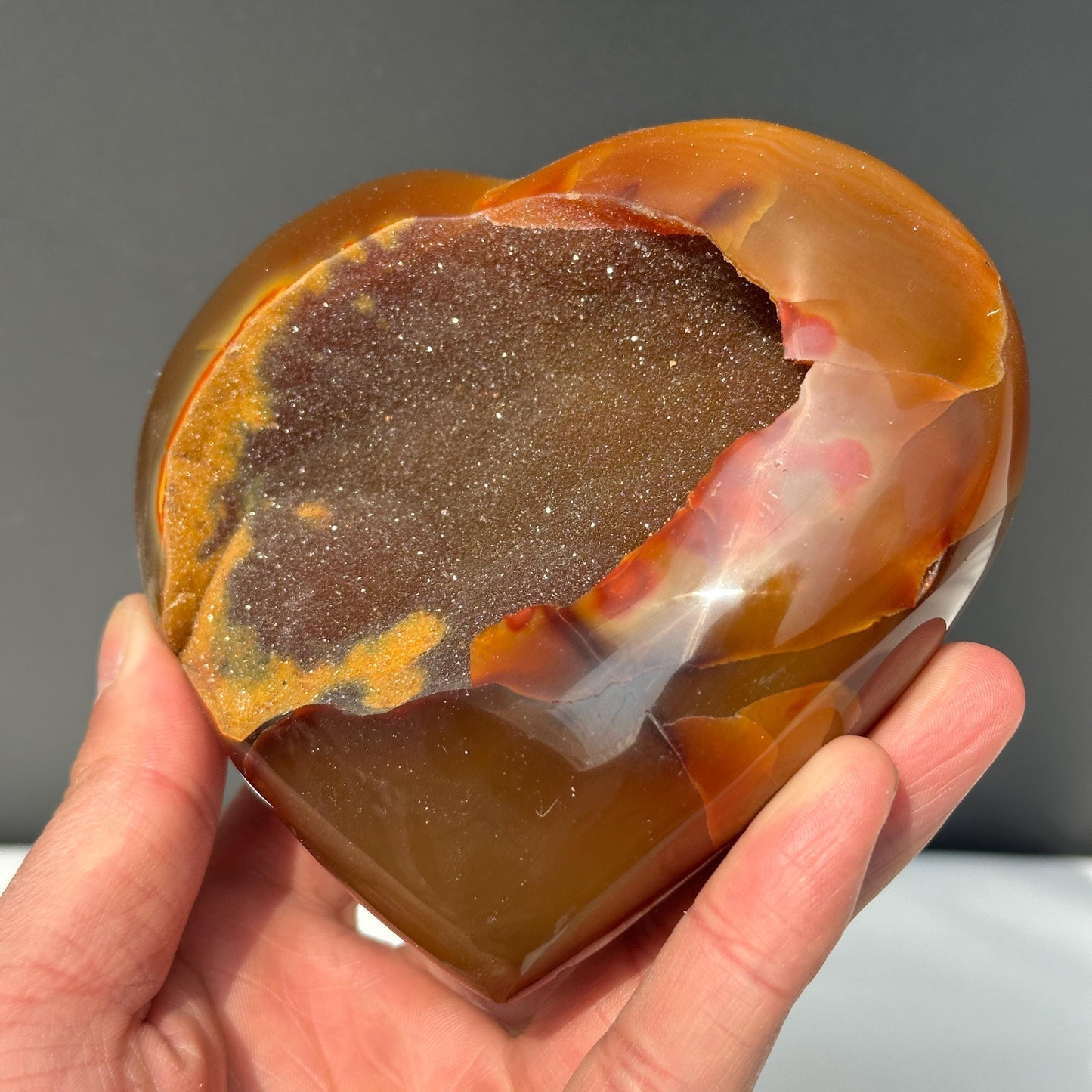 Large Red Agate Heart with Huge Druzy Cave, Polished Brazilian Crystal Geode on Free Stand, Natural Mineral Decor Exact Specimen 1.21lb