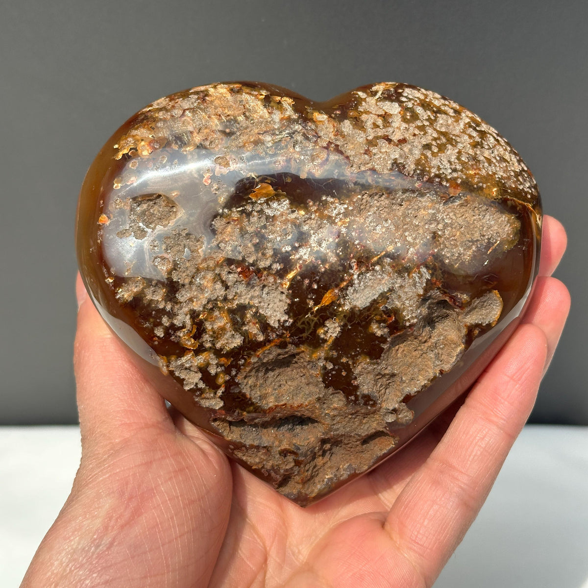 Large Red Agate Heart with Huge Druzy Cave, Polished Brazilian Crystal Geode on Free Stand, Natural Mineral Decor Exact Specimen 1.21lb - view 6