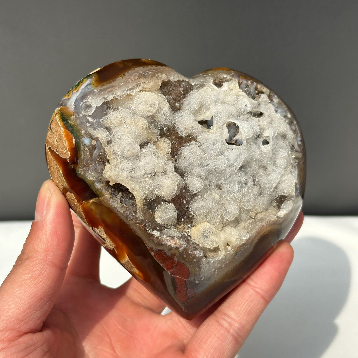 Brazilian Agate Heart Geode, Full White Calcite Symbiosis, Polished Crystal Decor, Rare Natural Mineral Specimen Exact 1.32lb - view 2