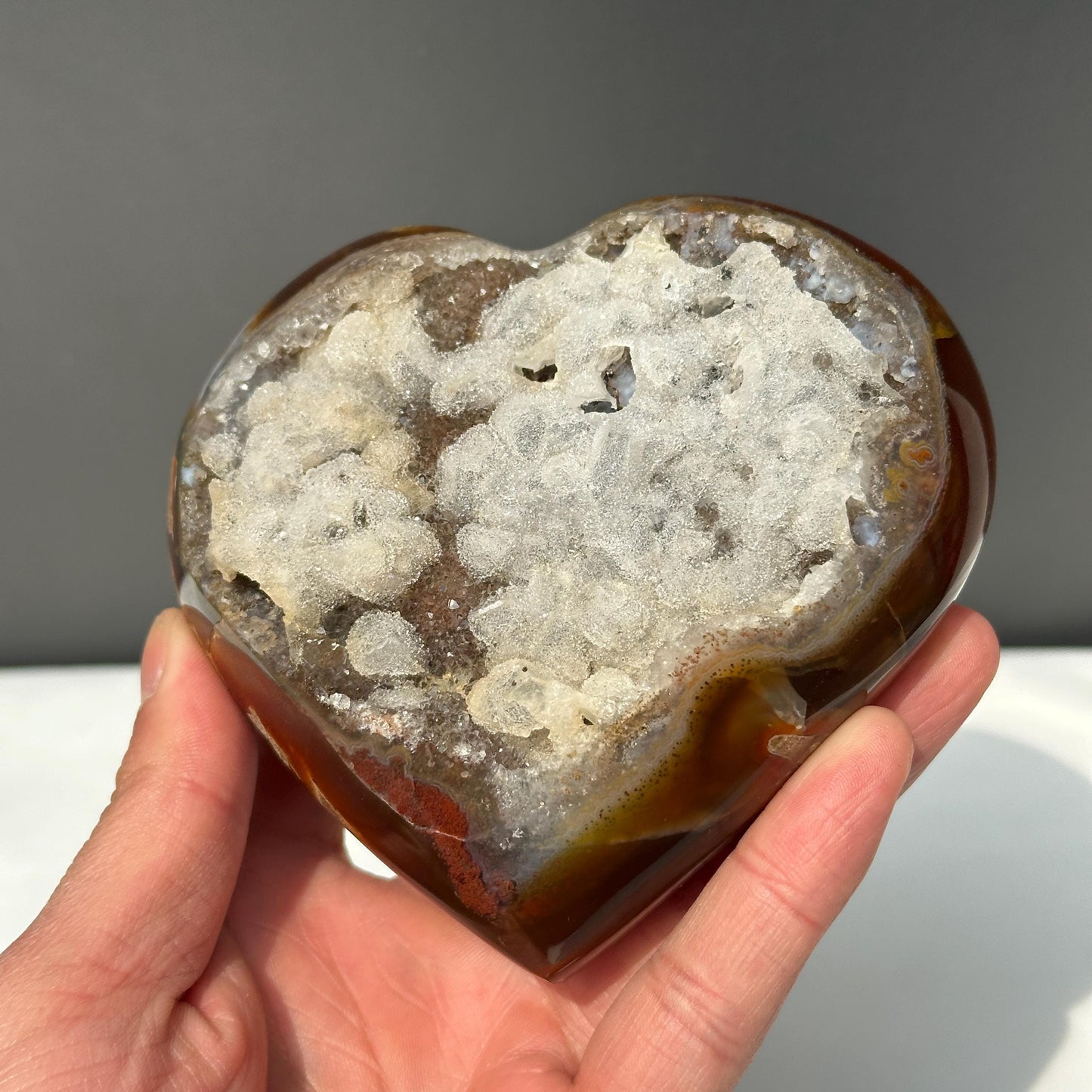 Brazilian Agate Heart Geode, Full White Calcite Symbiosis, Polished Crystal Decor, Rare Natural Mineral Specimen Exact 1.32lb