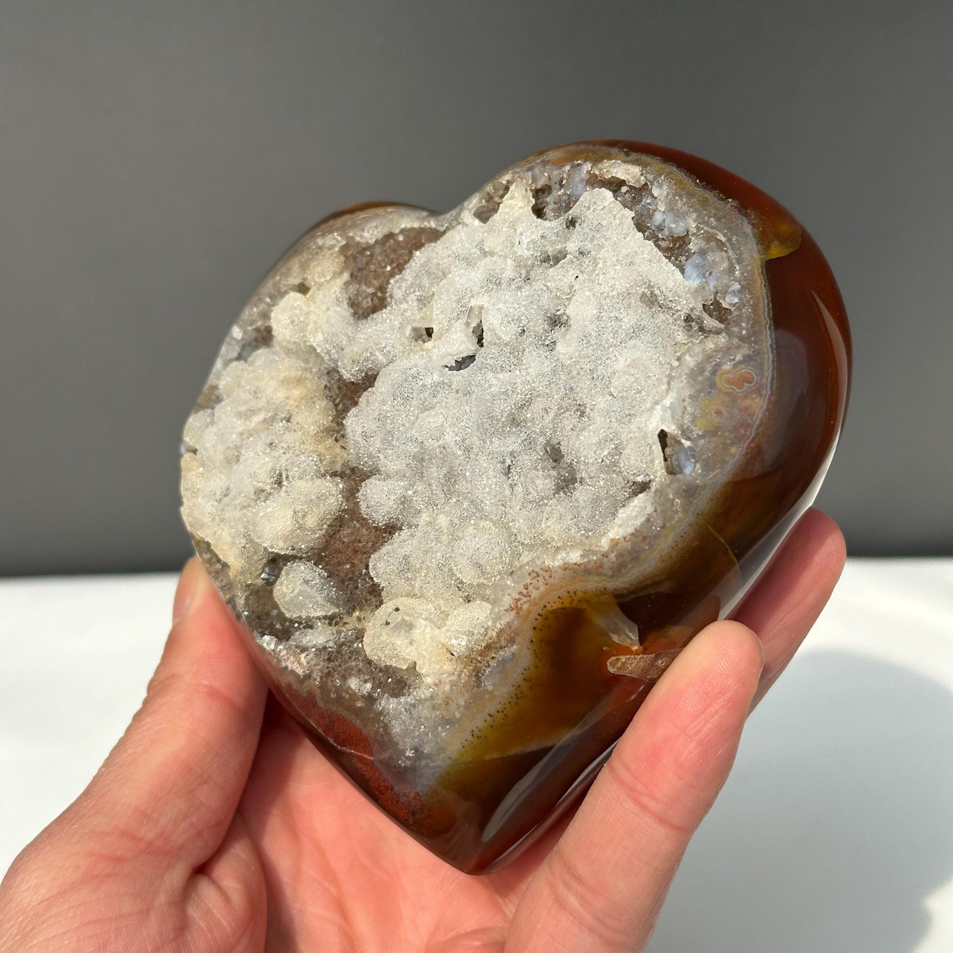 Brazilian Agate Heart Geode, Full White Calcite Symbiosis, Polished Crystal Decor, Rare Natural Mineral Specimen Exact 1.32lb - view 4