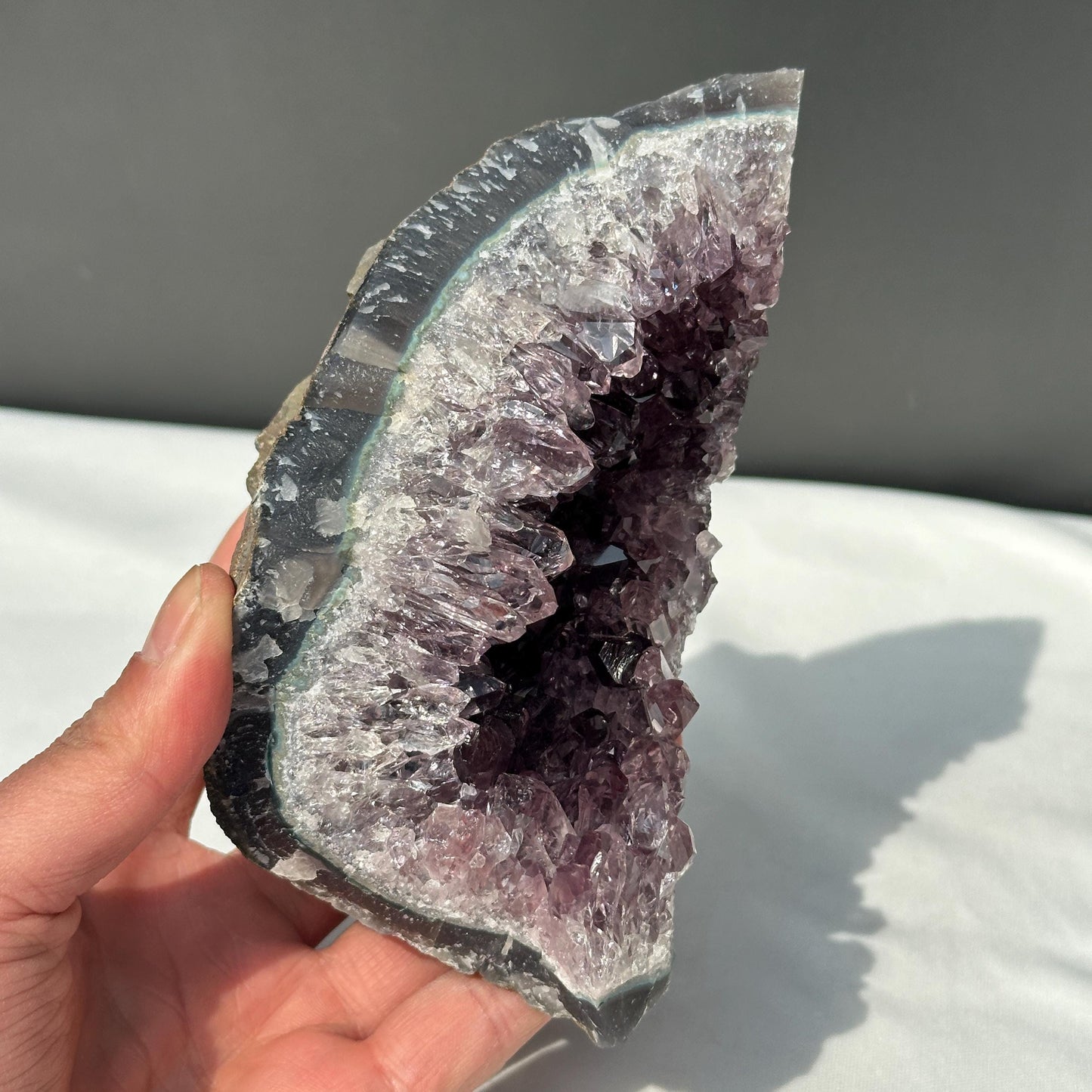 Rare Uruguayan Amethyst Cluster with Hematite Spheres, Cut Flame Shape Geode, Pale Purple Quartz Specimen Exact 2.09lb - view 2