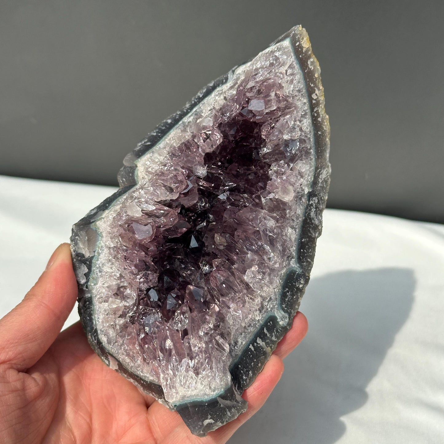 Rare Uruguayan Amethyst Cluster with Hematite Spheres, Cut Flame Shape Geode, Pale Purple Quartz Specimen Exact 2.09lb