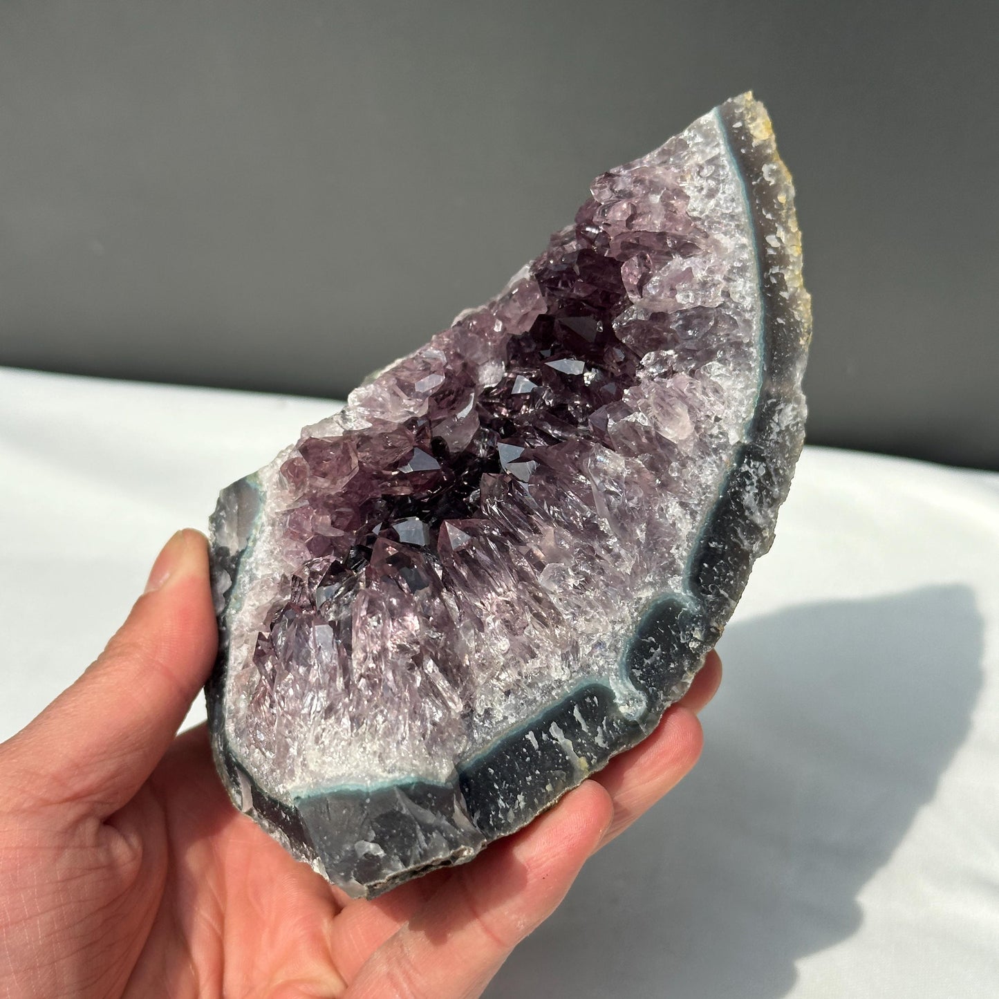 Rare Uruguayan Amethyst Cluster with Hematite Spheres, Cut Flame Shape Geode, Pale Purple Quartz Specimen Exact 2.09lb