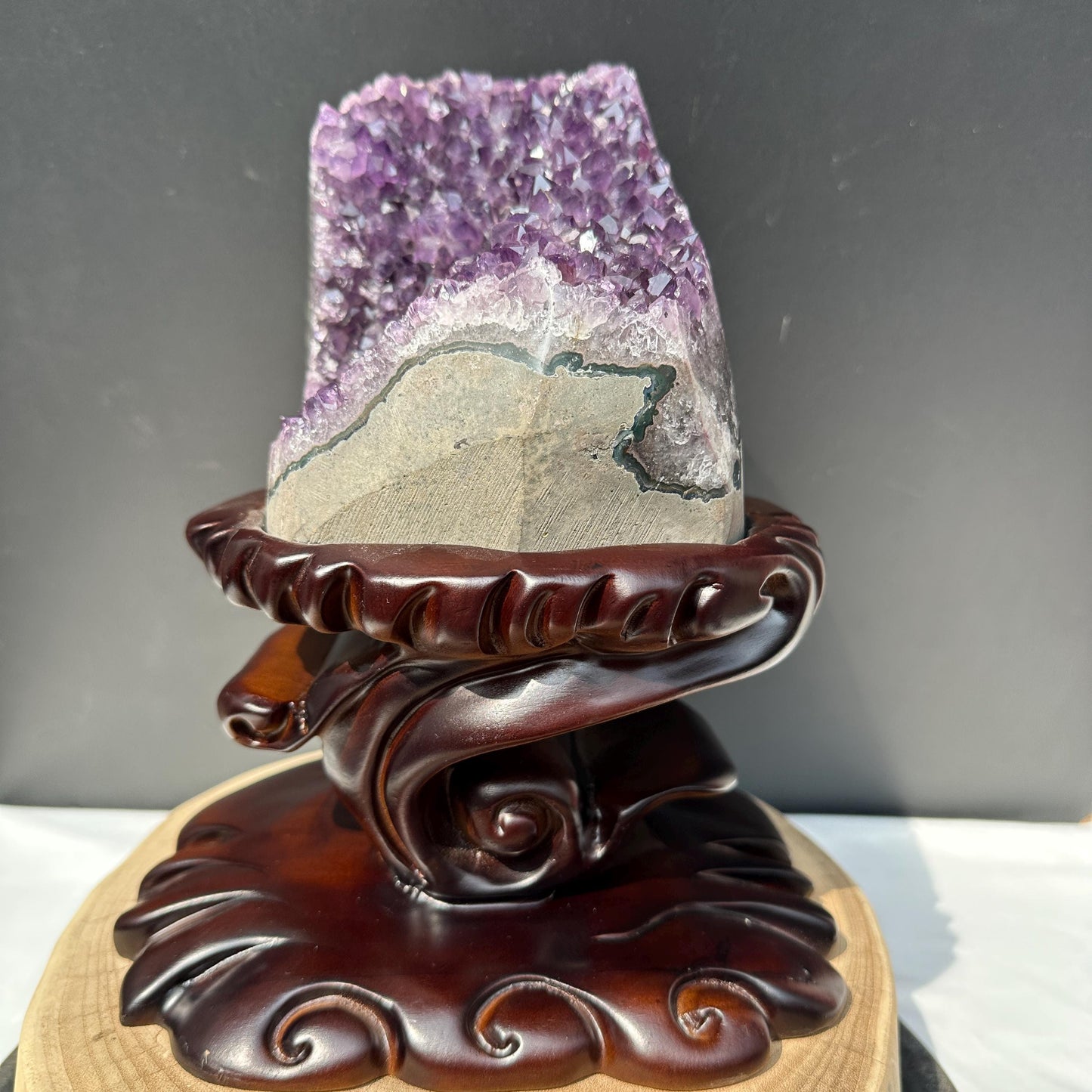 Special Offer 10.2lb Brazilian Amethyst Cluster with Custom Wood Stand, Raw Purple Quartz Geode Decor, Exact Specimen 10.6" Tall