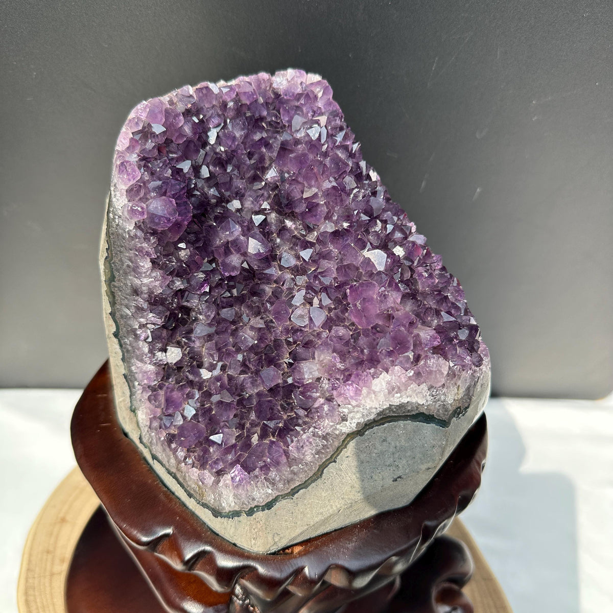 Special Offer 10.2lb Brazilian Amethyst Cluster with Custom Wood Stand, Raw Purple Quartz Geode Decor, Exact Specimen 10.6" Tall - view 9