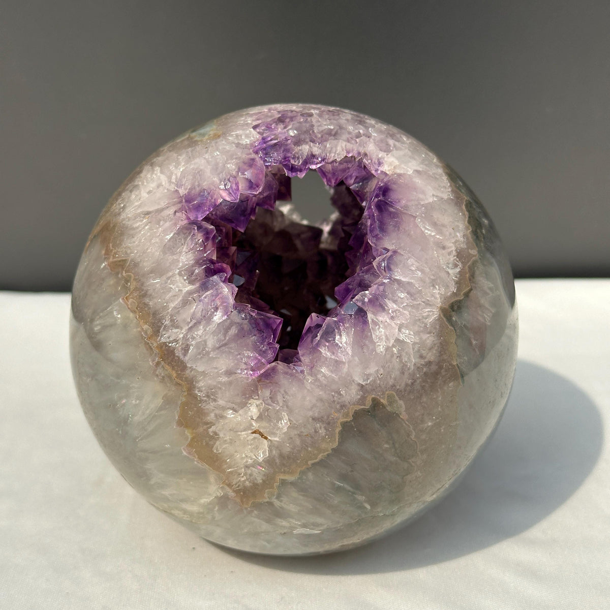 Large Amethyst Geode Sphere, 5.84lb Polished Brazilian Crystal Ball with Deep Purple Caves & Free Stand, Mineral Decor Exact Specimen - view 2