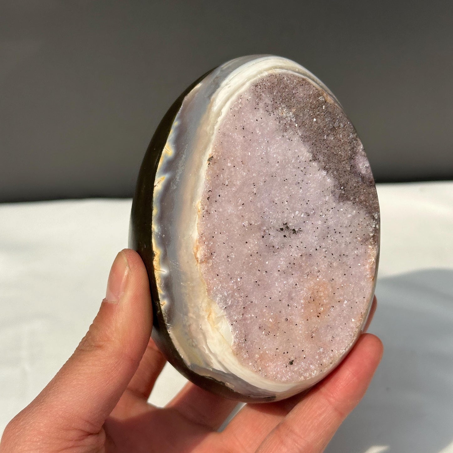 Special Offer Pink Amethyst Dragon Egg, Polished Uruguayan Crystal Geode with Free Stand, Pale Quartz Decor Exact Specimen 1.98lb