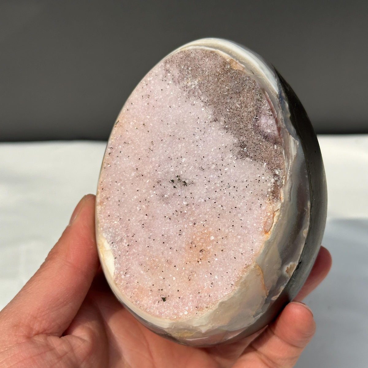 Special Offer Pink Amethyst Dragon Egg, Polished Uruguayan Crystal Geode with Free Stand, Pale Quartz Decor Exact Specimen 1.98lb - view 7