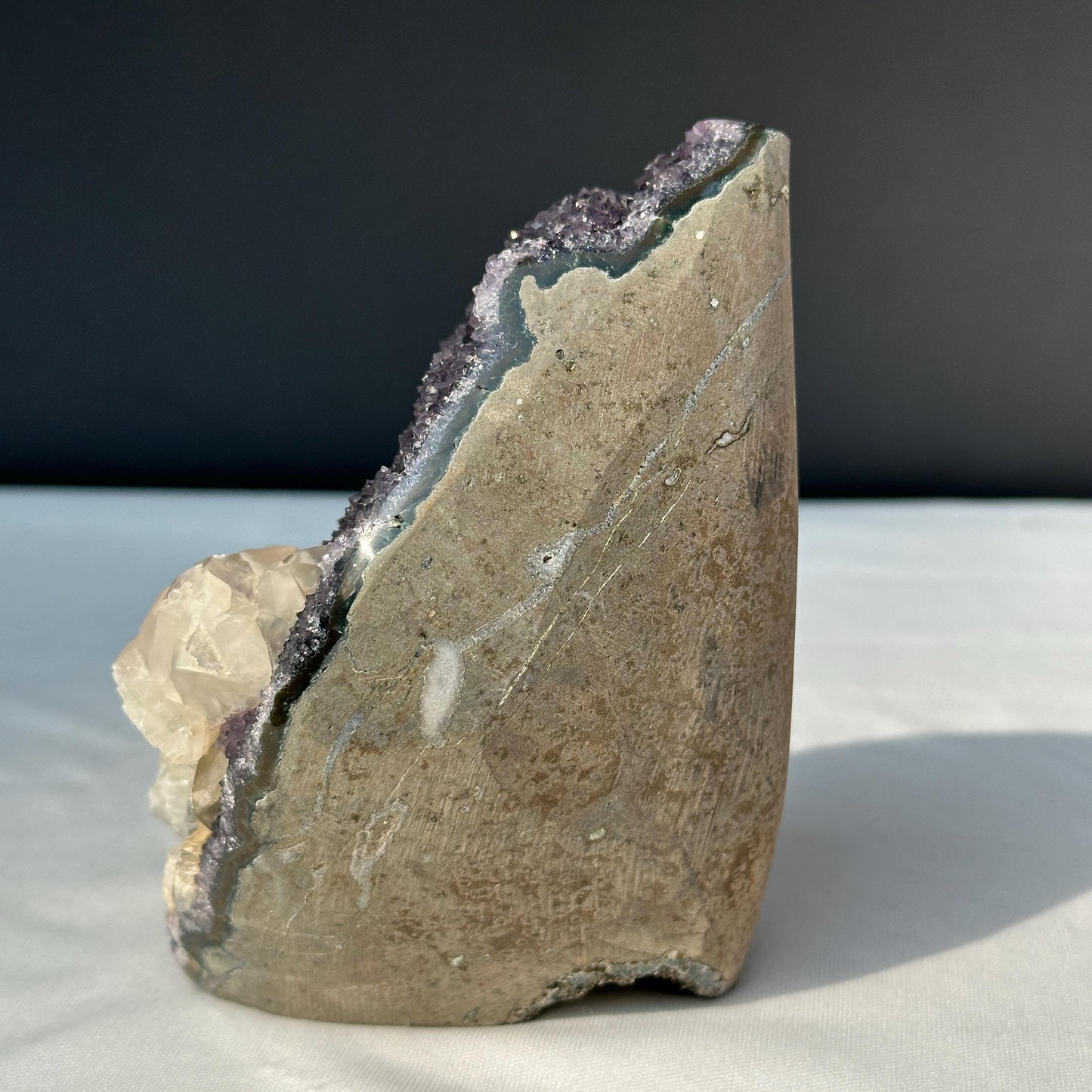 Rare Uruguayan Amethyst Geode with Huge Calcite Symbiosis, Deep Purple Quartz Freeform, Polished Crystal Specimen Decor Exact