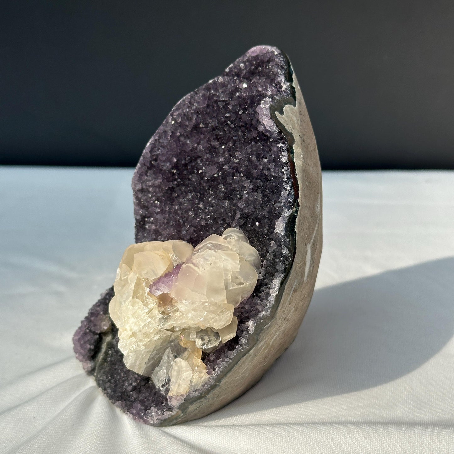 Rare Uruguayan Amethyst Geode with Huge Calcite Symbiosis, Deep Purple Quartz Freeform, Polished Crystal Specimen Decor Exact