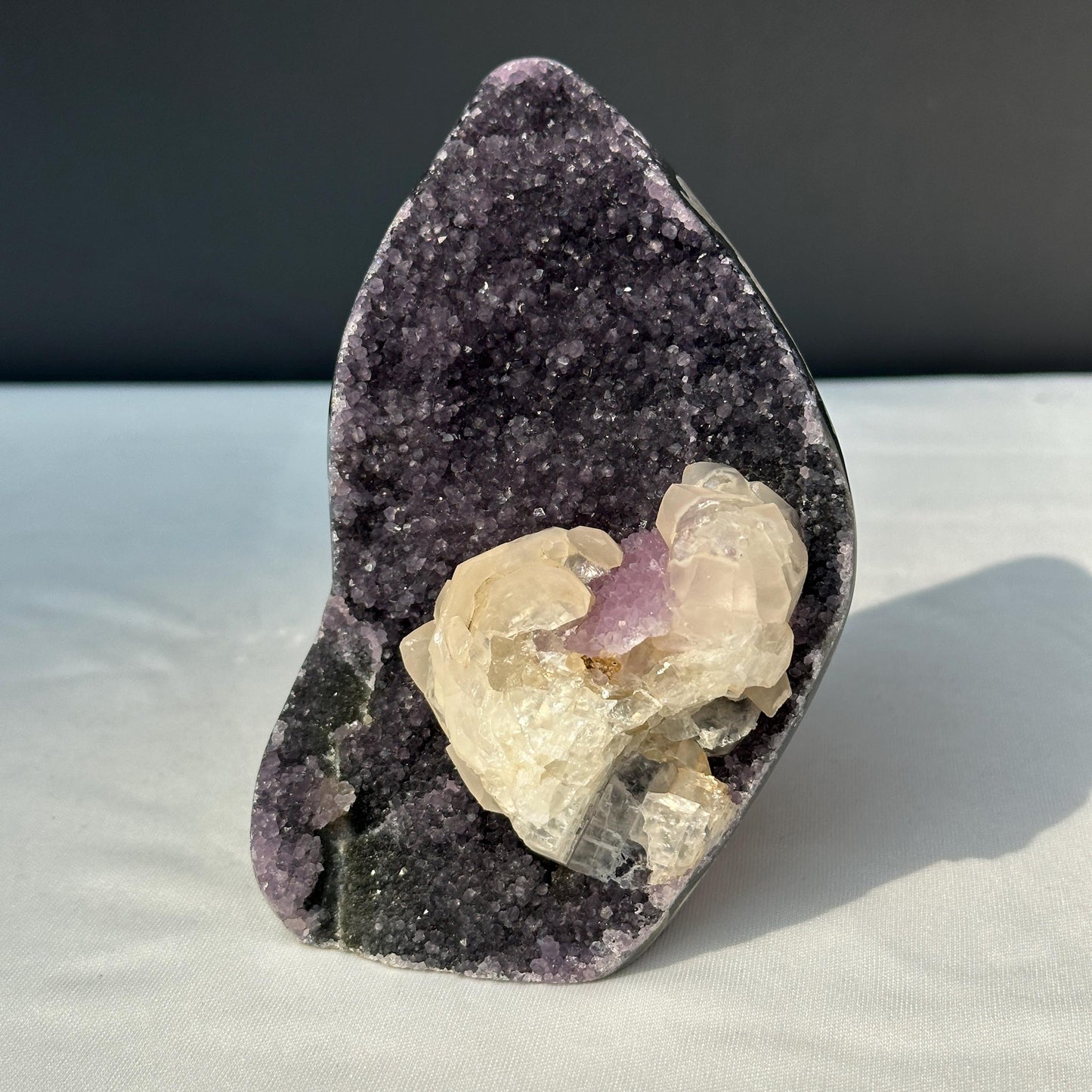 Rare Uruguayan Amethyst Geode with Huge Calcite Symbiosis, Deep Purple Quartz Freeform, Polished Crystal Specimen Decor Exact
