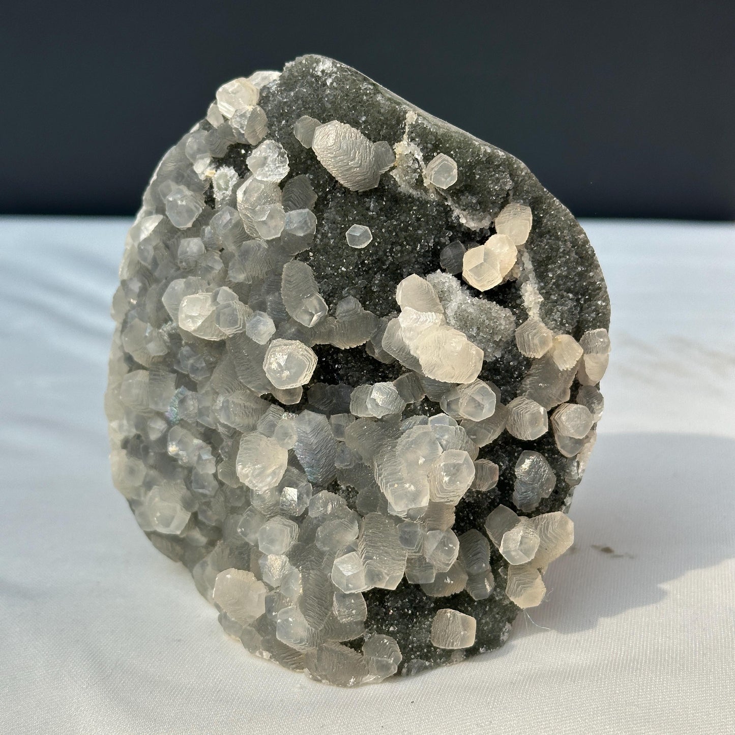 Rare Uruguayan Green Amethyst with Rainbow Calcite Symbiosis, Polished Crystal Cluster Specimen, Mineral Geode Decor Exact 1.65lb
