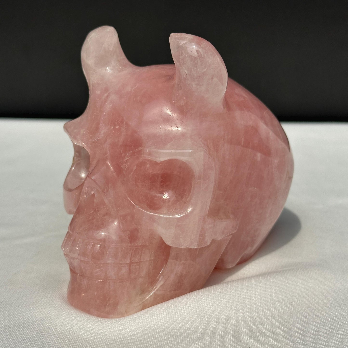 Large Rose Quartz Horned Skull, Hand Carved Pink Crystal Demon Skull, Heavy Polished Gemstone Gargoyle Decor Exact Specimen 2.7lb