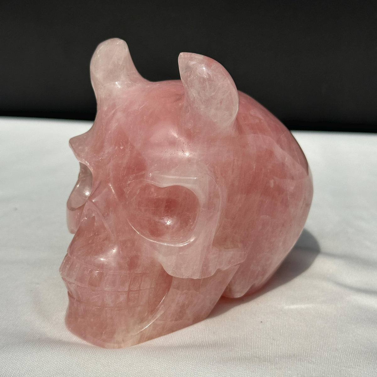 Large Rose Quartz Horned Skull, Hand Carved Pink Crystal Demon Skull, Heavy Polished Gemstone Gargoyle Decor Exact Specimen 2.7lb - view 8