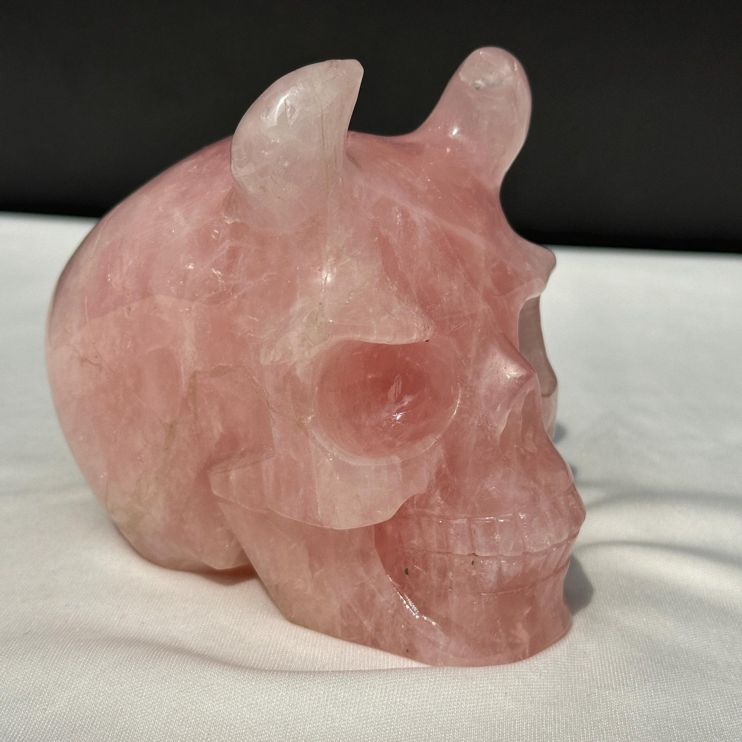 Large Rose Quartz Horned Skull, Hand Carved Pink Crystal Demon Skull, Heavy Polished Gemstone Gargoyle Decor Exact Specimen 2.7lb