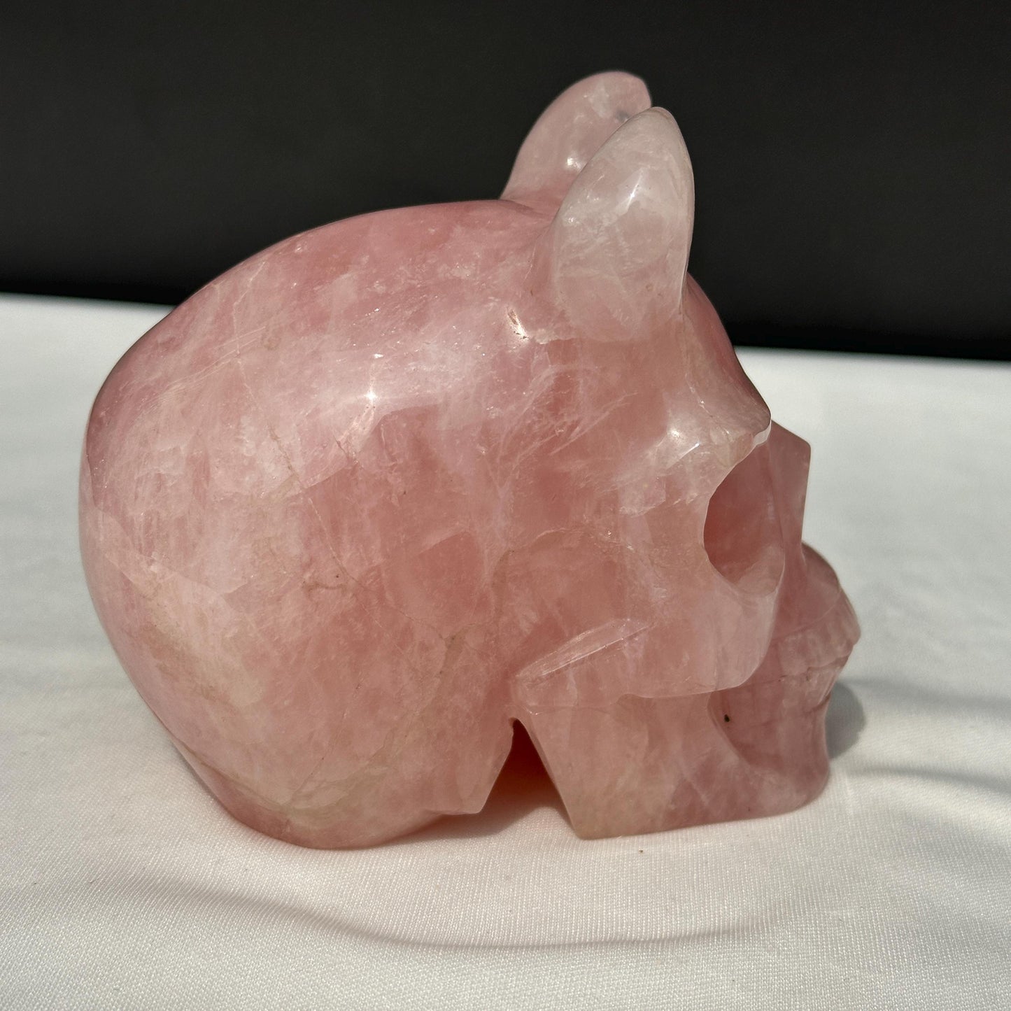 Large Rose Quartz Horned Skull, Hand Carved Pink Crystal Demon Skull, Heavy Polished Gemstone Gargoyle Decor Exact Specimen 2.7lb