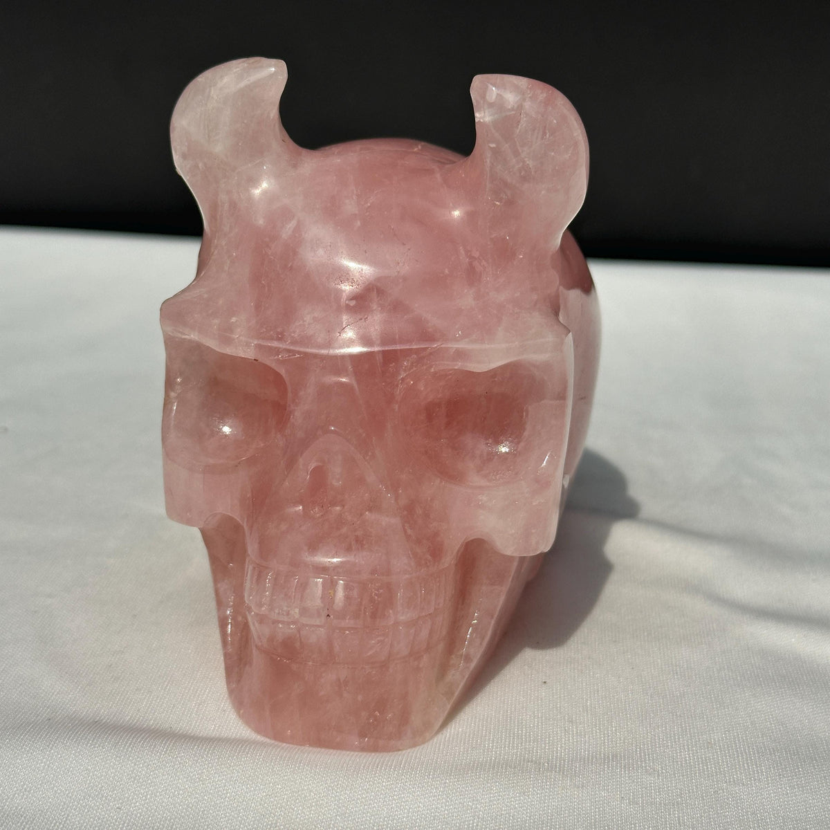 Large Rose Quartz Horned Skull, Hand Carved Pink Crystal Demon Skull, Heavy Polished Gemstone Gargoyle Decor Exact Specimen 2.7lb - view 9