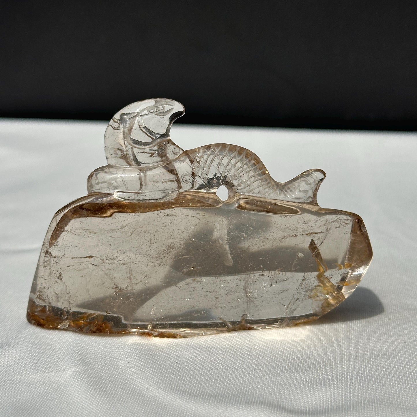 Hand-Carved Quartz Cobra Snake on Raw Matrix, Self-Mined Brazilian Smoky & Clear Crystal Sculptures, Reptile Decor Exact Specimen