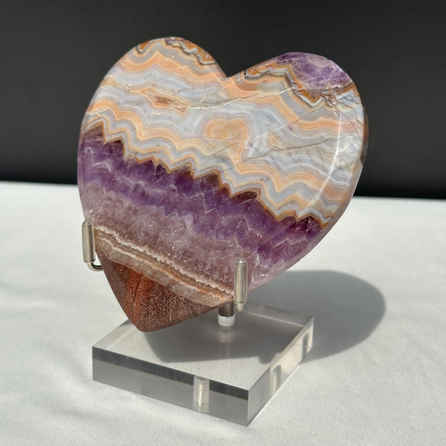 Hand-Carved Banded Amethyst Agate Heart, Personally Sourced Brazilian Crystal with Free Stand, Translucent Decor Exact Specimen 0.57lb