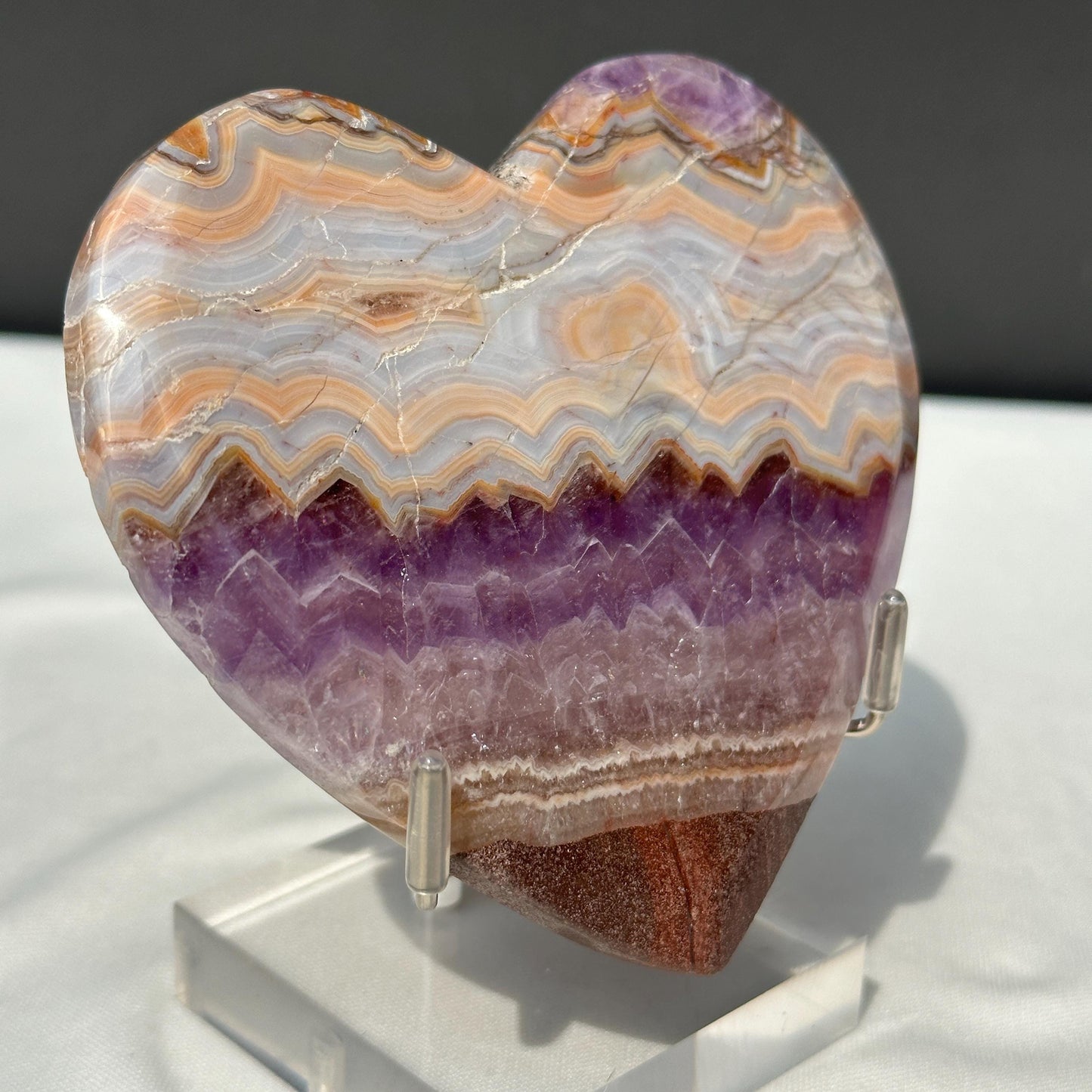 Hand-Carved Banded Amethyst Agate Heart, Personally Sourced Brazilian Crystal with Free Stand, Translucent Decor Exact Specimen 0.57lb - view 7