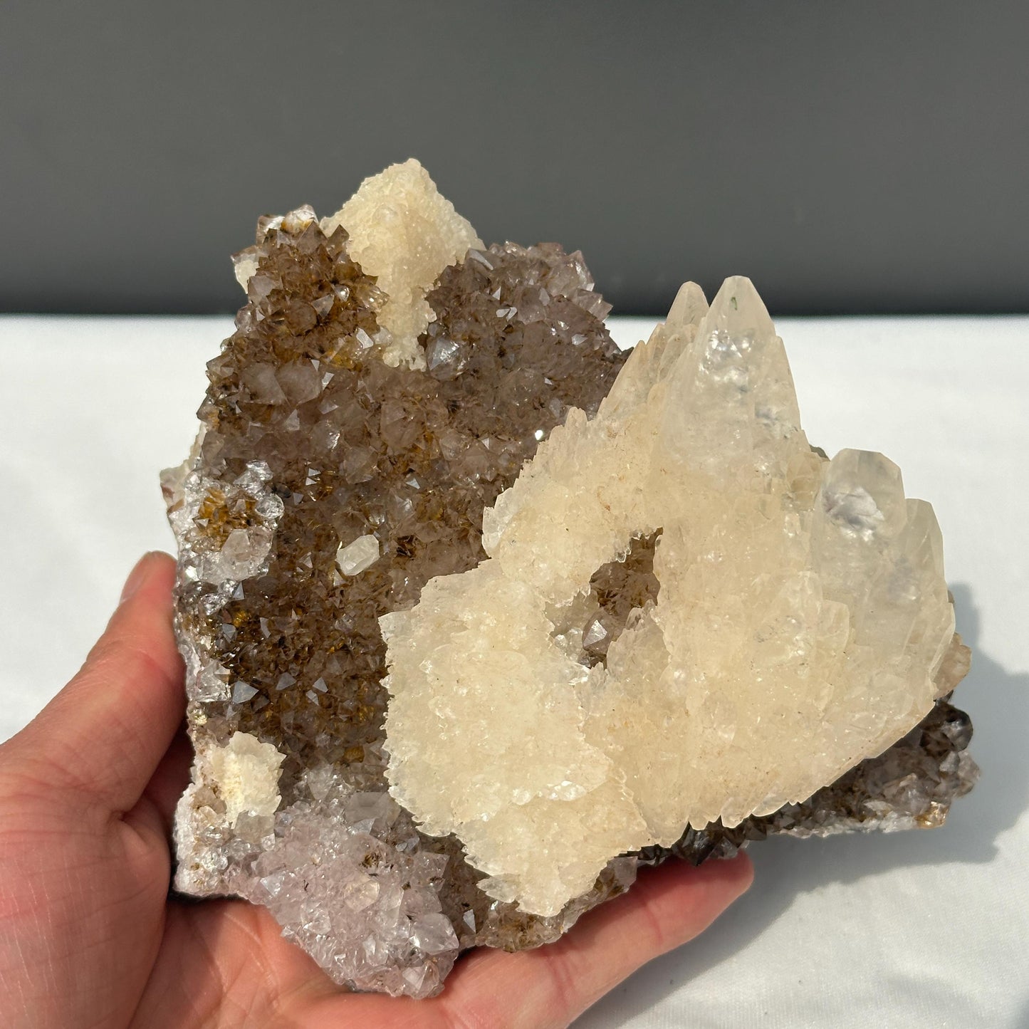 Massive Calcite on Titanium Amethyst Cluster, Rare Brazilian Rutile Symbiosis Specimen, Raw Crystal Decor with Free Stand Exact 2.56lb