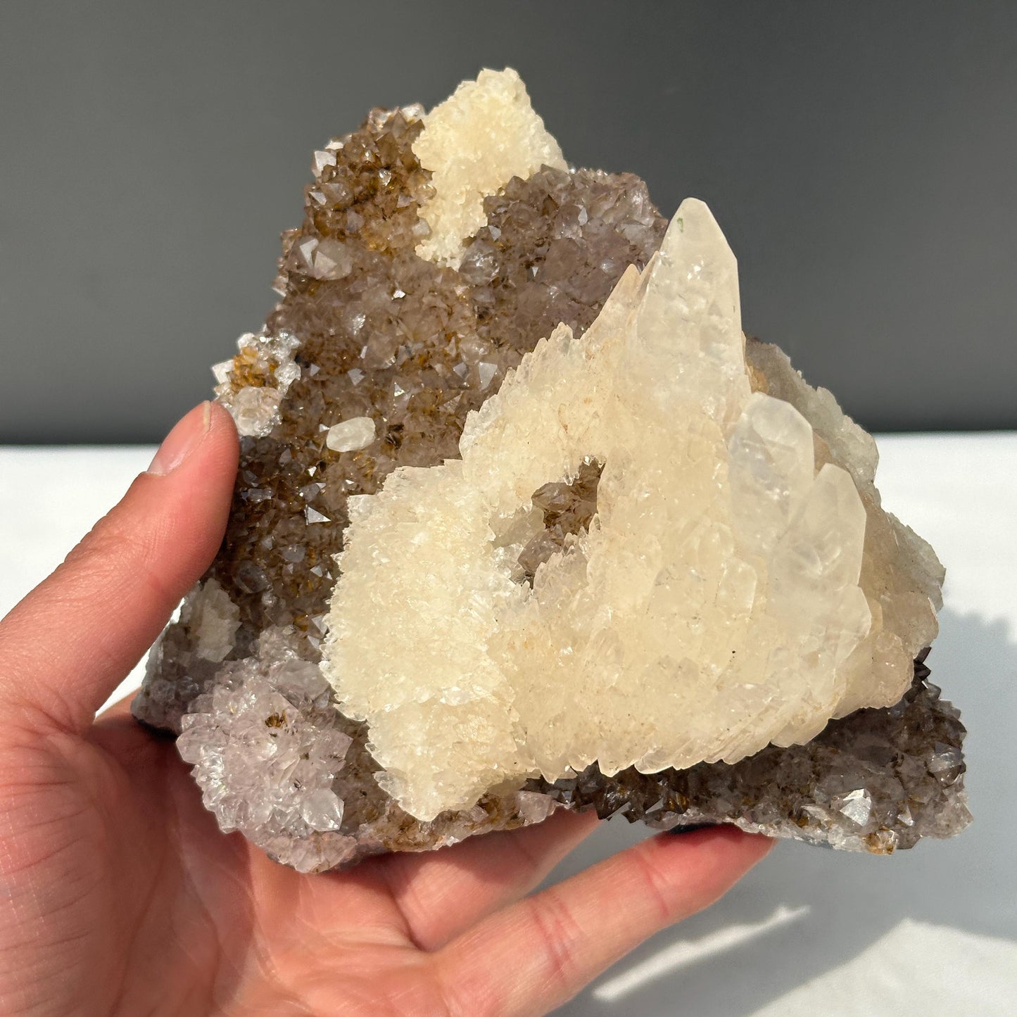 Massive Calcite on Titanium Amethyst Cluster, Rare Brazilian Rutile Symbiosis Specimen, Raw Crystal Decor with Free Stand Exact 2.56lb