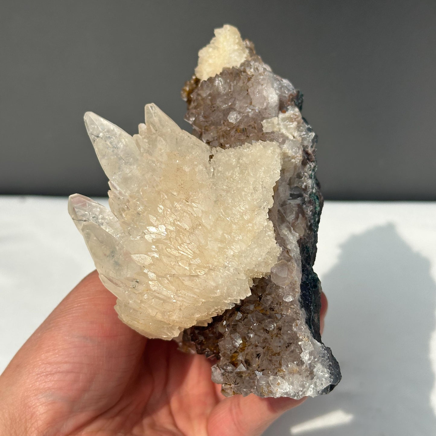 Massive Calcite on Titanium Amethyst Cluster, Rare Brazilian Rutile Symbiosis Specimen, Raw Crystal Decor with Free Stand Exact 2.56lb