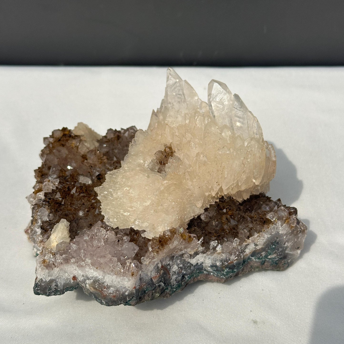 Massive Calcite on Titanium Amethyst Cluster, Rare Brazilian Rutile Symbiosis Specimen, Raw Crystal Decor with Free Stand Exact 2.56lb