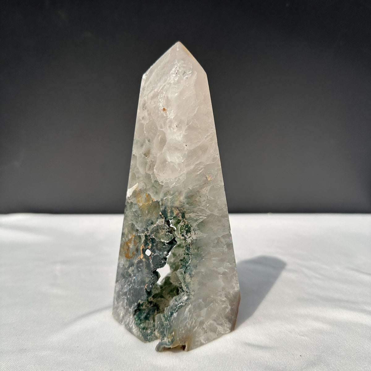 Green Sugar Druzy Geode Tower, Polished Brazilian Crystal Obelisk with Sparkling Cave, Aesthetic Healing Decor Exact Specimen 0.97lb - view 1