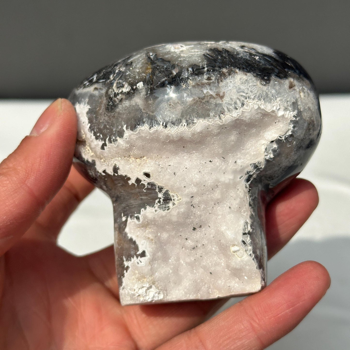 Hand-Carved White Sugar Druzy Agate Mushroom, Polished Brazilian Crystal Geode Decor, Fairy Core Mineral Specimen Exact 0.94lb - view 6
