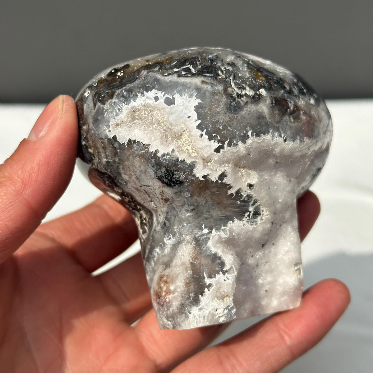 Hand-Carved White Sugar Druzy Agate Mushroom, Polished Brazilian Crystal Geode Decor, Fairy Core Mineral Specimen Exact 0.94lb - view 7