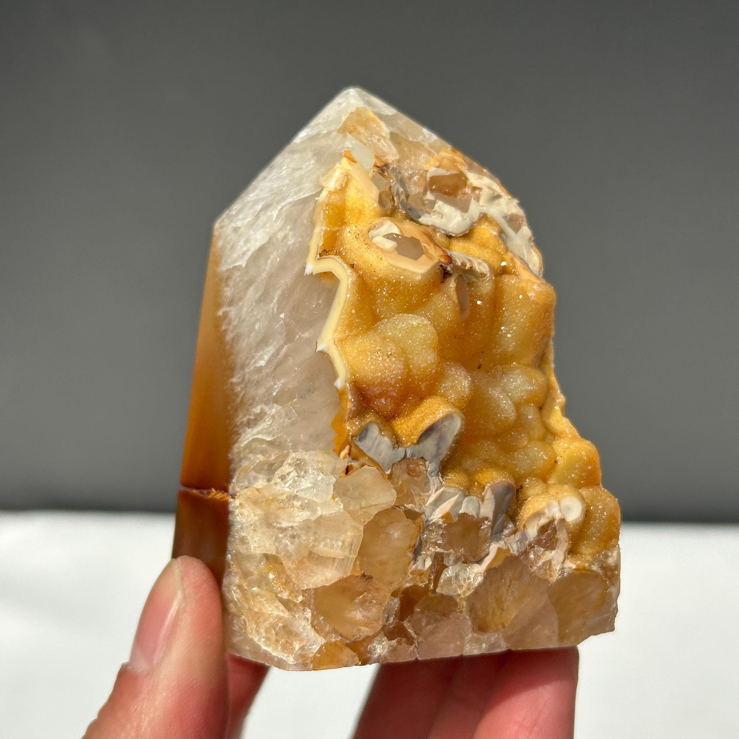 Yellow Sugar Druzy Agate Tower, Botryoidal Brazilian Crystal Obelisk, Half Polished Geode Point, Golden Decor Exact Specimen 0.67lb - view 2