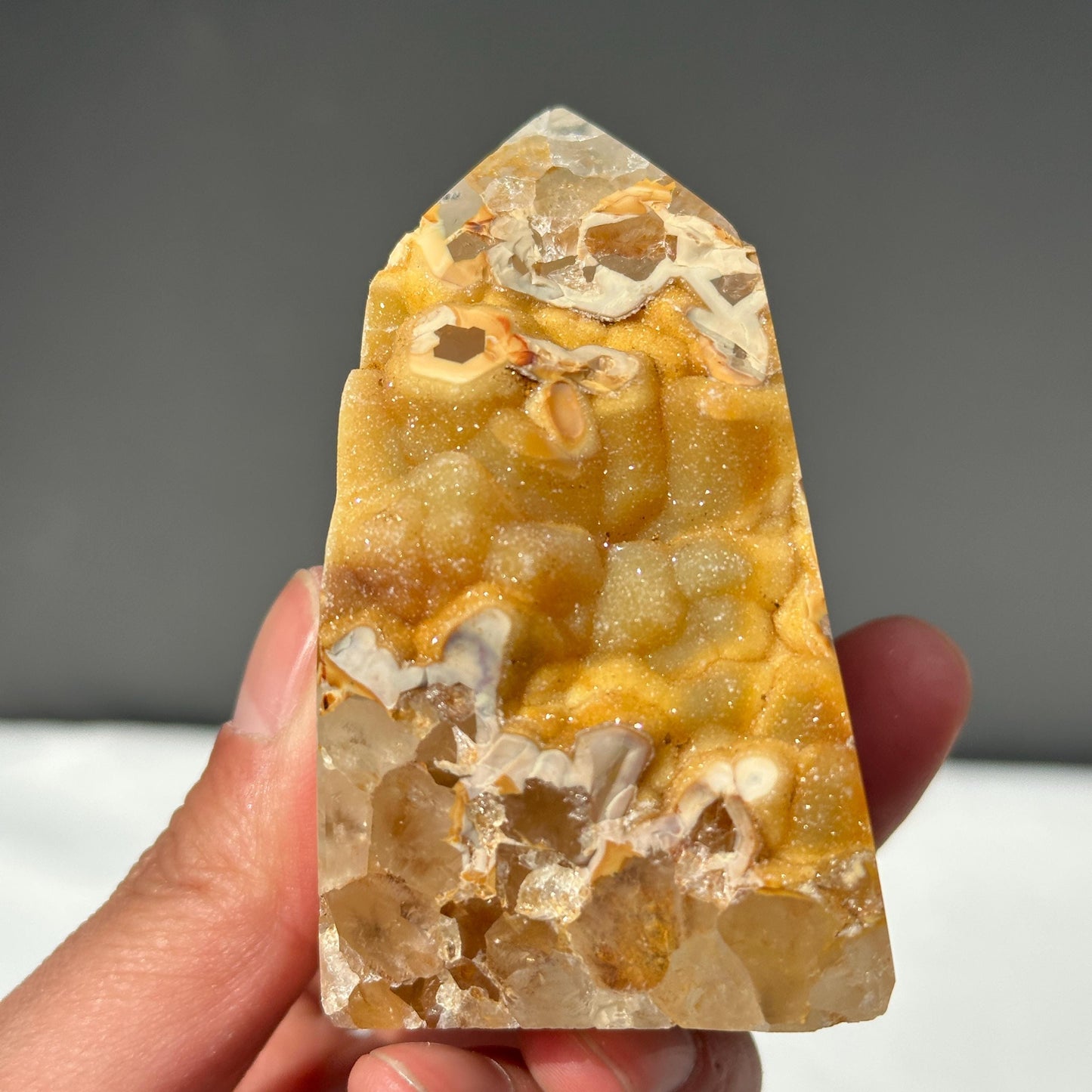 Yellow Sugar Druzy Agate Tower, Botryoidal Brazilian Crystal Obelisk, Half Polished Geode Point, Golden Decor Exact Specimen 0.67lb - view 5