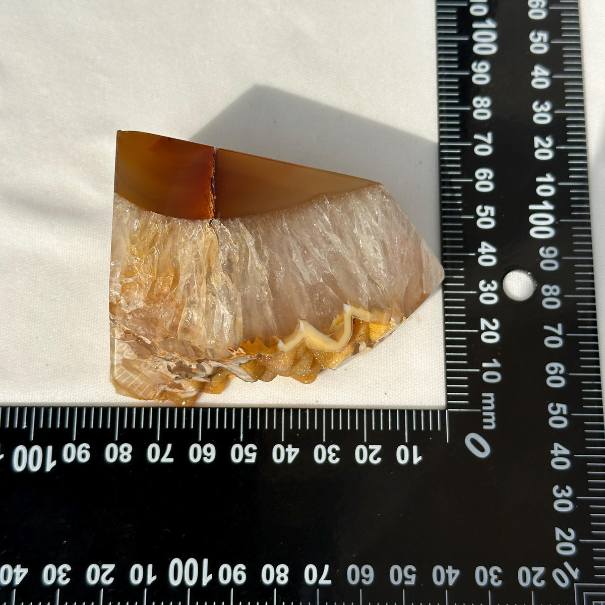 Yellow Sugar Druzy Agate Tower, Botryoidal Brazilian Crystal Obelisk, Half Polished Geode Point, Golden Decor Exact Specimen 0.67lb - view 8