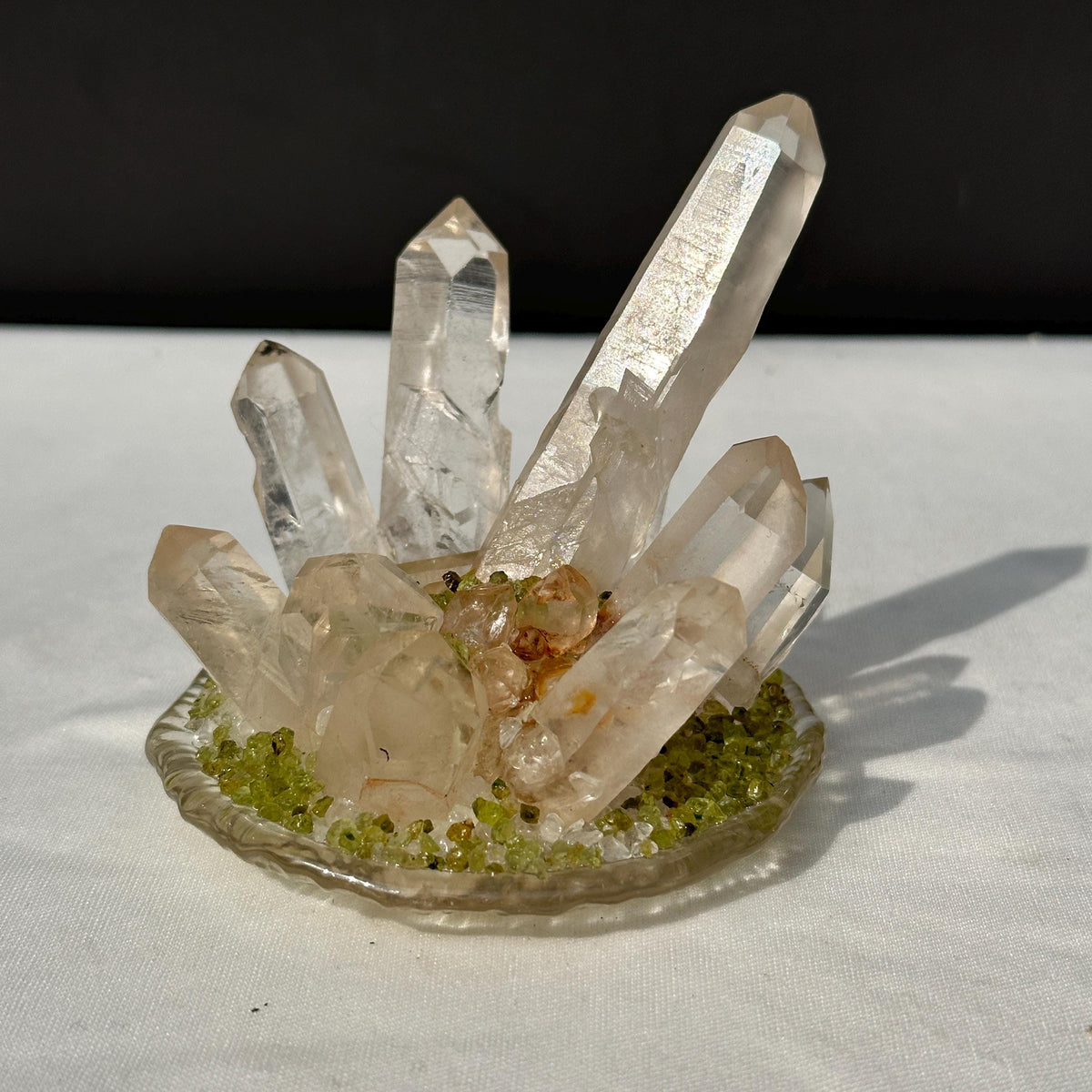 Clear Quartz Cluster Night Light with Prehnite Chips, Brazilian Crystal LED Lamp with USB Wooden Base, Healing Decor Exact 0.71lb - view 1