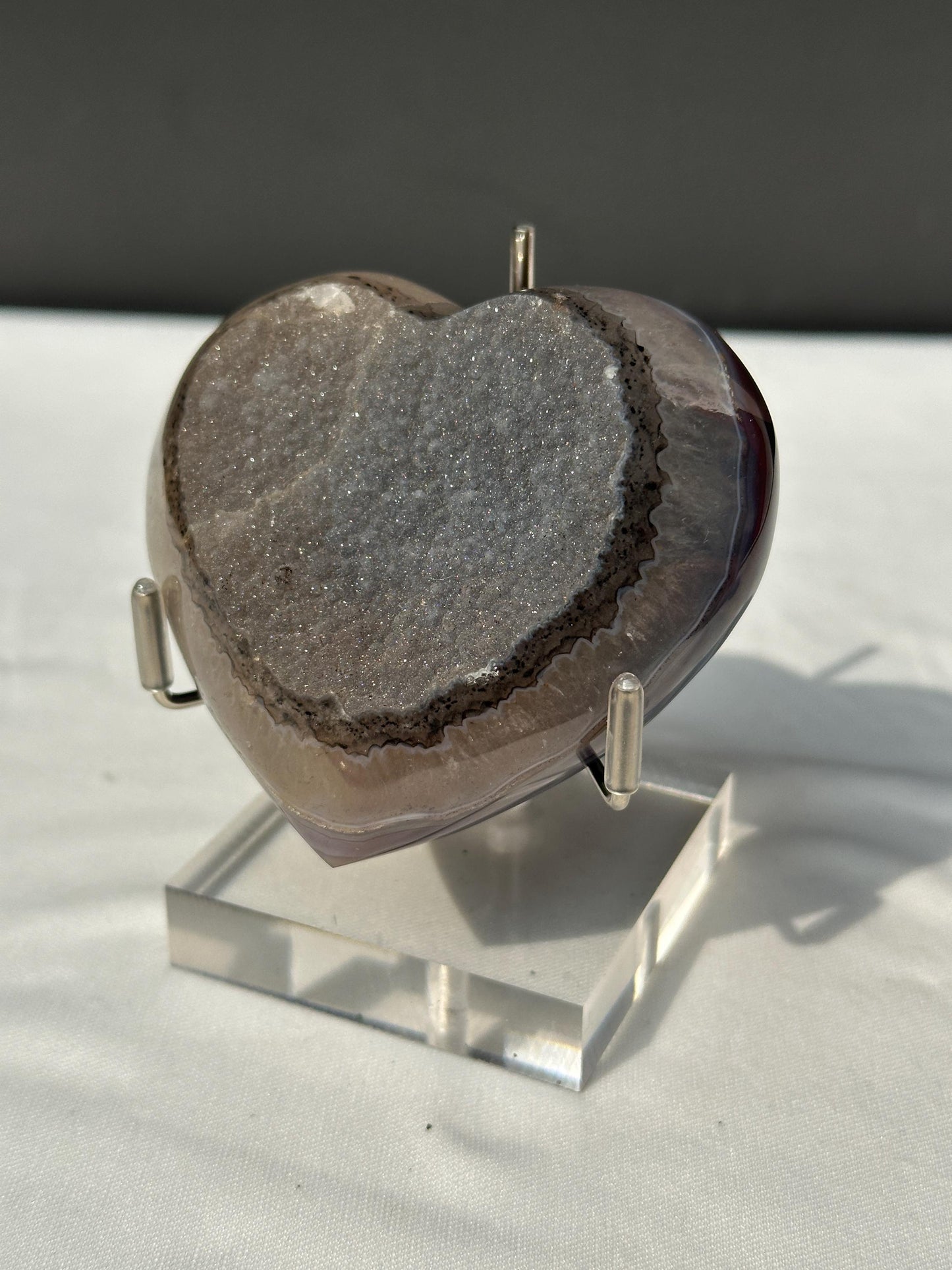 Rare Black Sugar Druzy Agate Heart with Stand, Polished Brazilian Geode Heart, Sparkling Botryoidal Mineral Decor Exact Specimen 0.67lb
