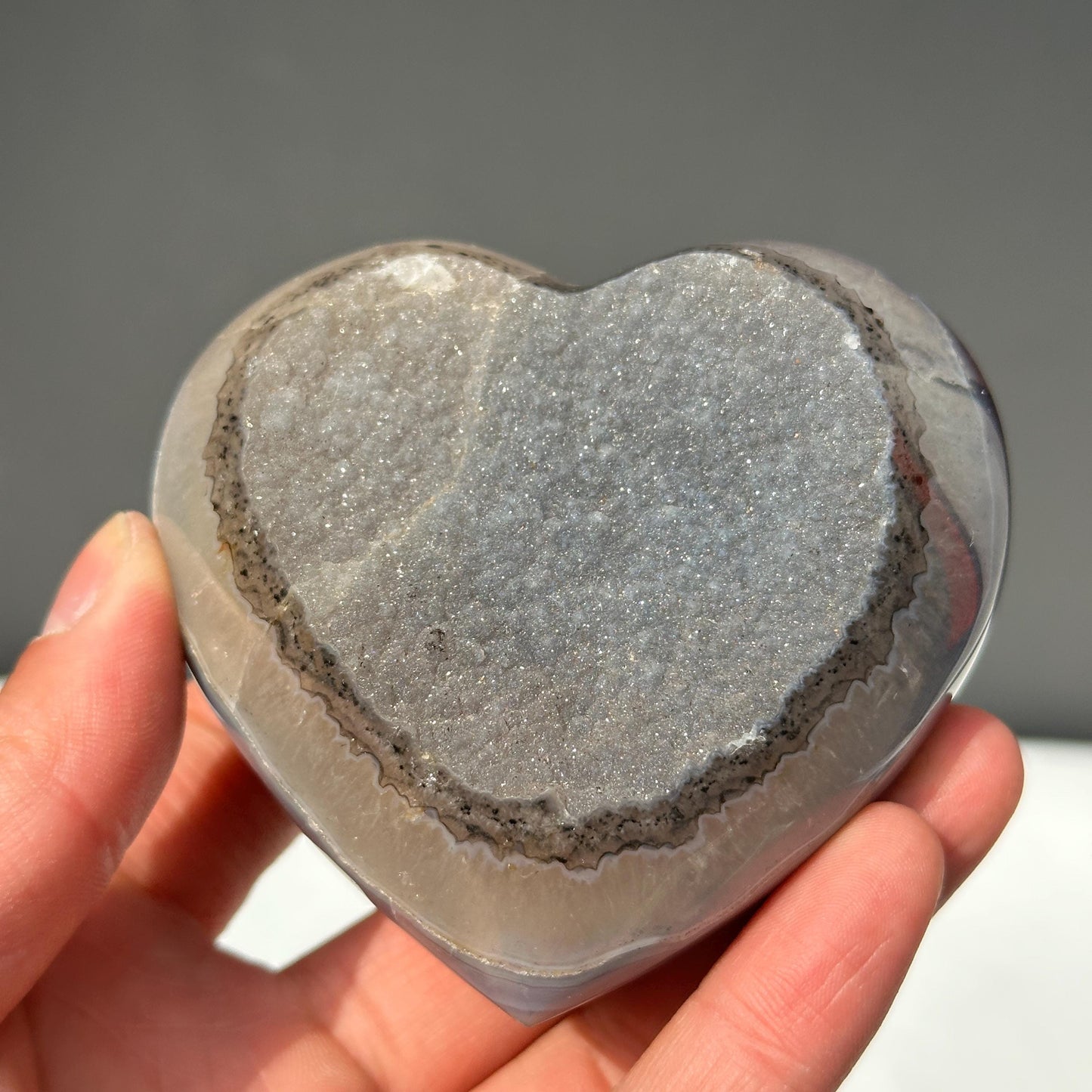 Rare Black Sugar Druzy Agate Heart with Stand, Polished Brazilian Geode Heart, Sparkling Botryoidal Mineral Decor Exact Specimen 0.67lb - view 1