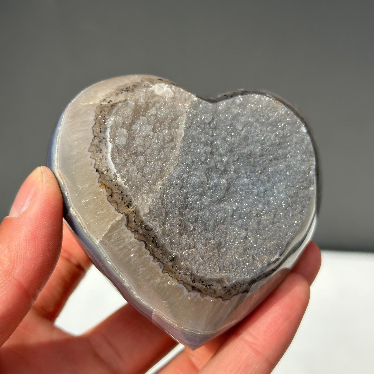 Rare Black Sugar Druzy Agate Heart with Stand, Polished Brazilian Geode Heart, Sparkling Botryoidal Mineral Decor Exact Specimen 0.67lb - view 7