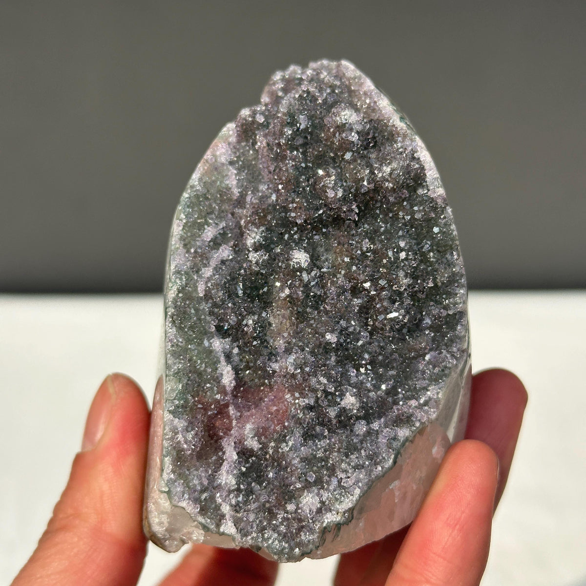 Rare Polychrome Uruguayan Amethyst, Red & Green Hematite Symbiosis Cluster, Polished Geode Edge, Unique Healing Mineral Specimen 0.82lb - view 1