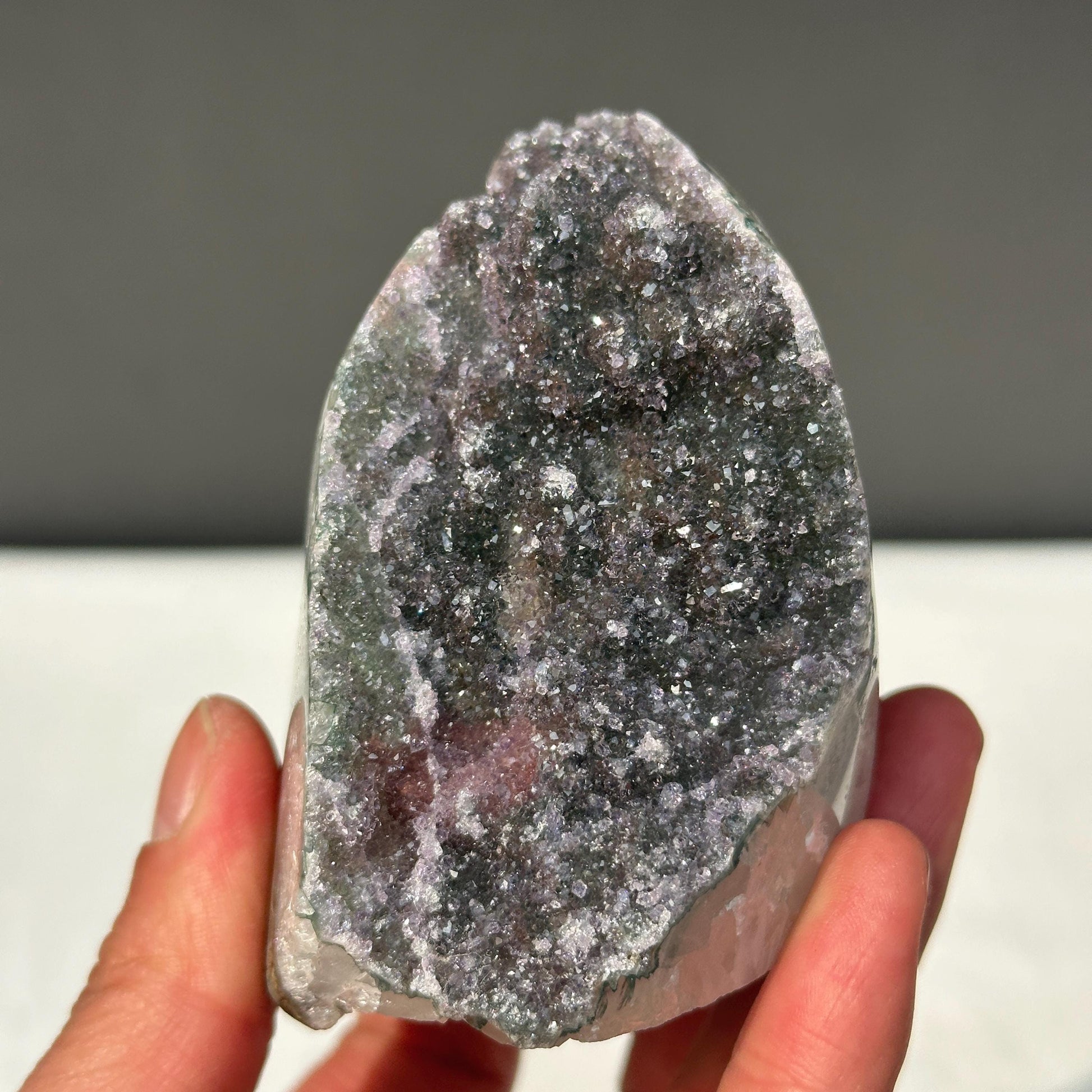 Rare Polychrome Uruguayan Amethyst, Red & Green Hematite Symbiosis Cluster, Polished Geode Edge, Unique Healing Mineral Specimen 0.82lb - view 1