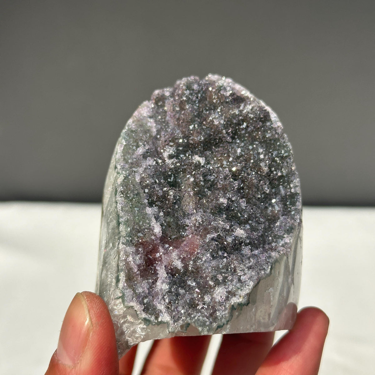 Rare Polychrome Uruguayan Amethyst, Red & Green Hematite Symbiosis Cluster, Polished Geode Edge, Unique Healing Mineral Specimen 0.82lb - view 10