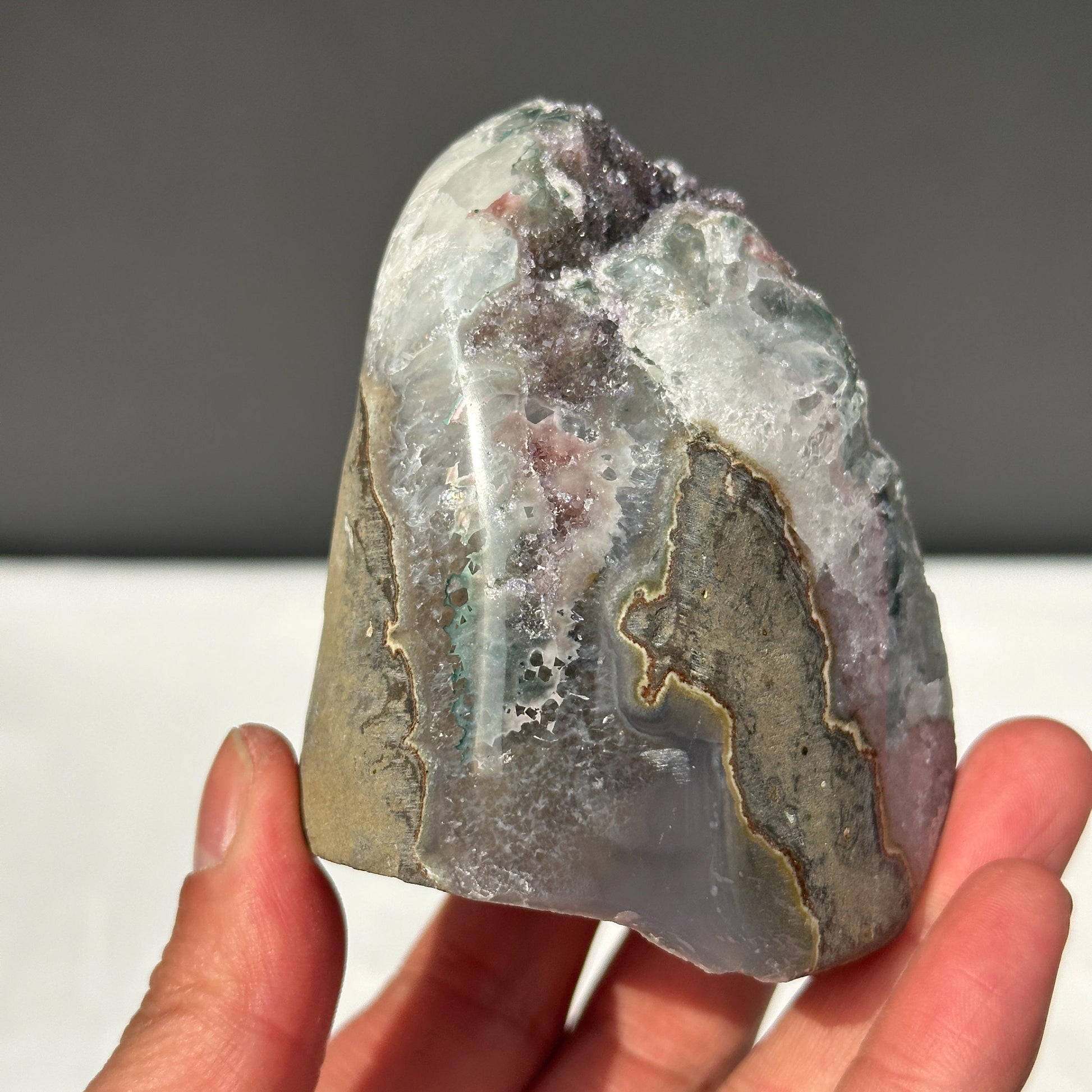Rare Polychrome Uruguayan Amethyst, Red & Green Hematite Symbiosis Cluster, Polished Geode Edge, Unique Healing Mineral Specimen 0.82lb - view 4