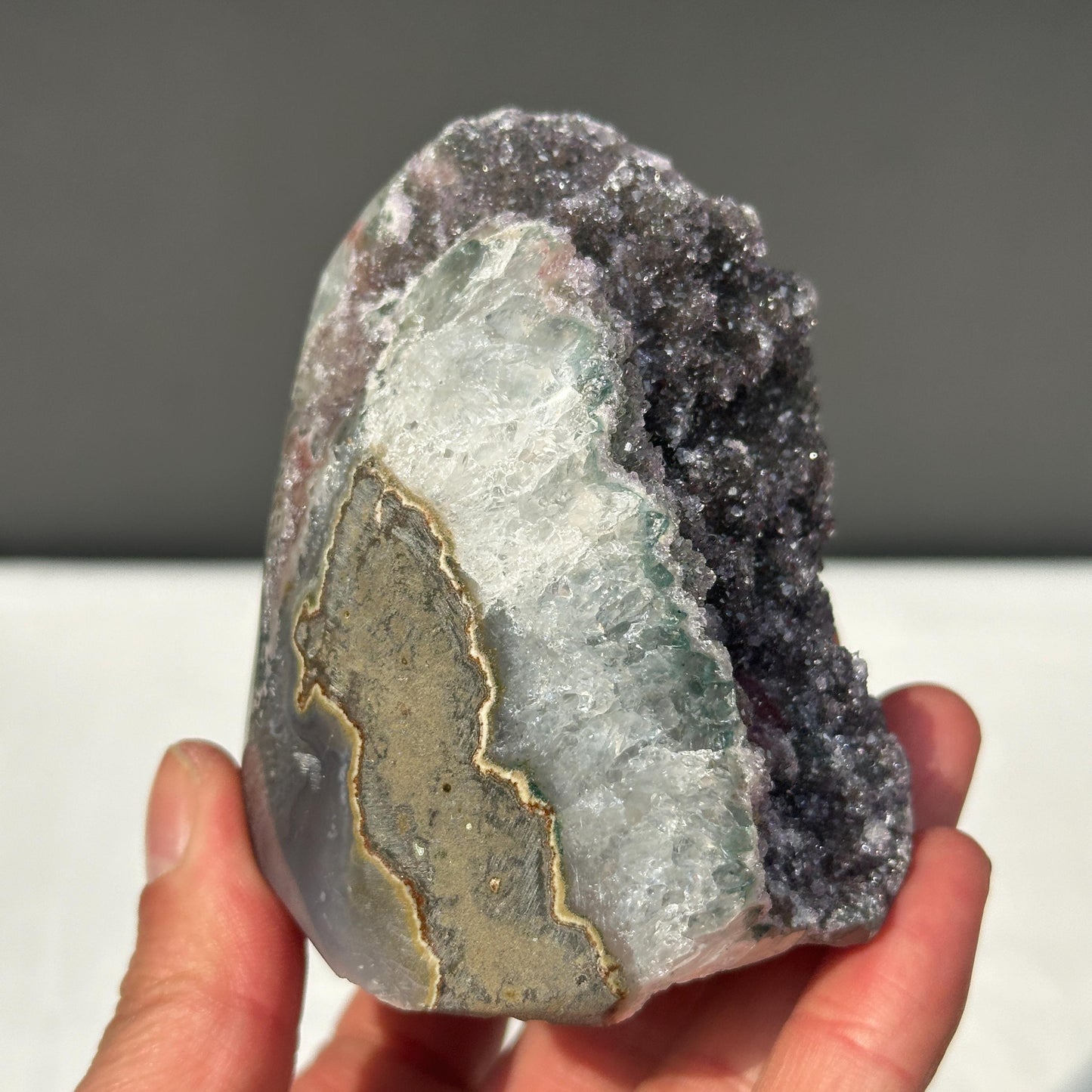Rare Polychrome Uruguayan Amethyst, Red & Green Hematite Symbiosis Cluster, Polished Geode Edge, Unique Healing Mineral Specimen 0.82lb